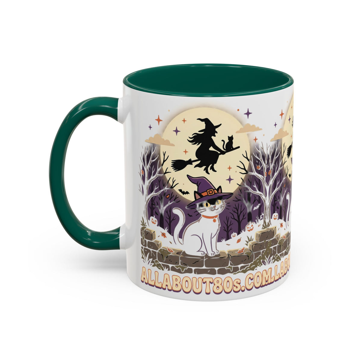 Halloween Cat Witch Mug – Cute Witch Hat Cat with Flying Witch Silhouette (11oz/15oz)