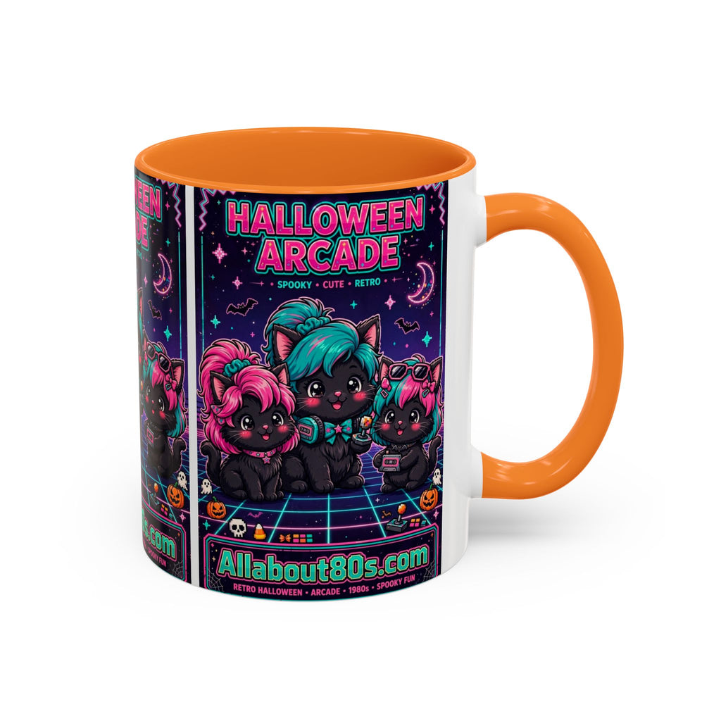 Halloween Arcade Mug — Cute Retro 80s Cat Gamers (11oz/15oz)