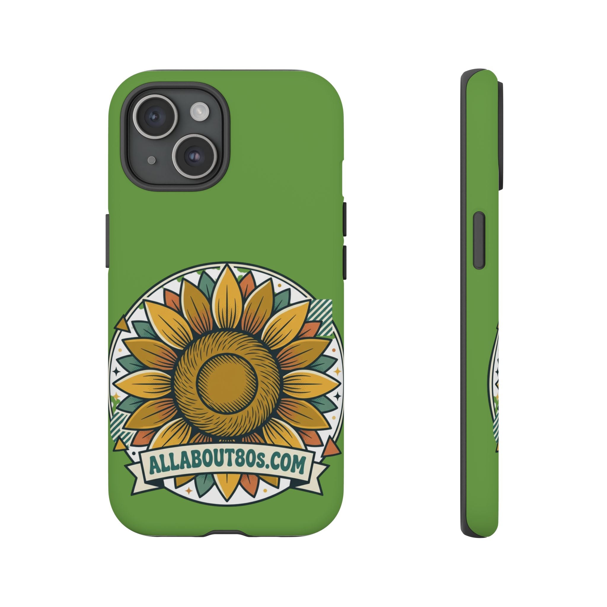 Sunflower Tough Phone Case – Green Floral Protective Case with "AllAbout80s.com" Banner