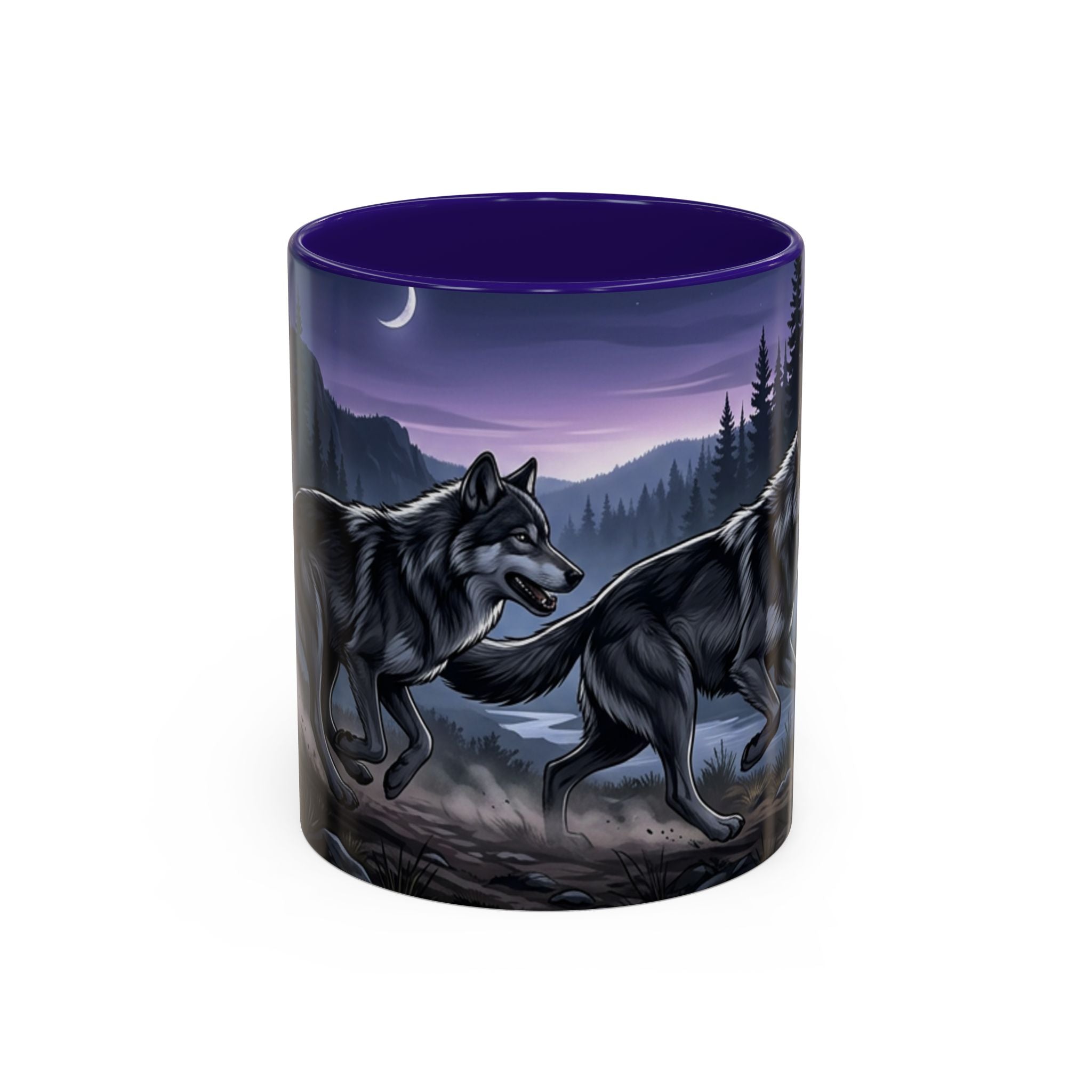 Wolf Pack Nightscape Mug — 11oz/15oz Scenic Black-Interior Coffee Cup