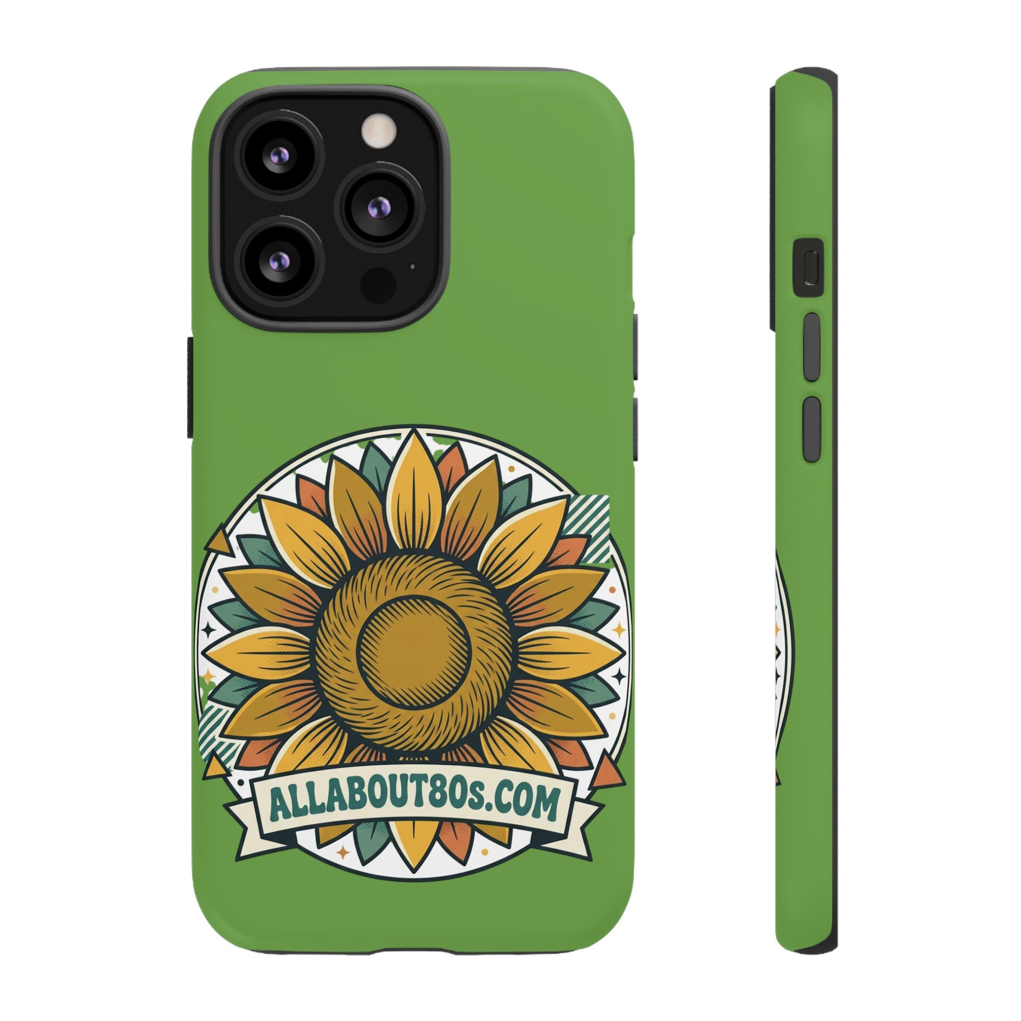 Sunflower Tough Phone Case – Green Floral Protective Case with "AllAbout80s.com" Banner