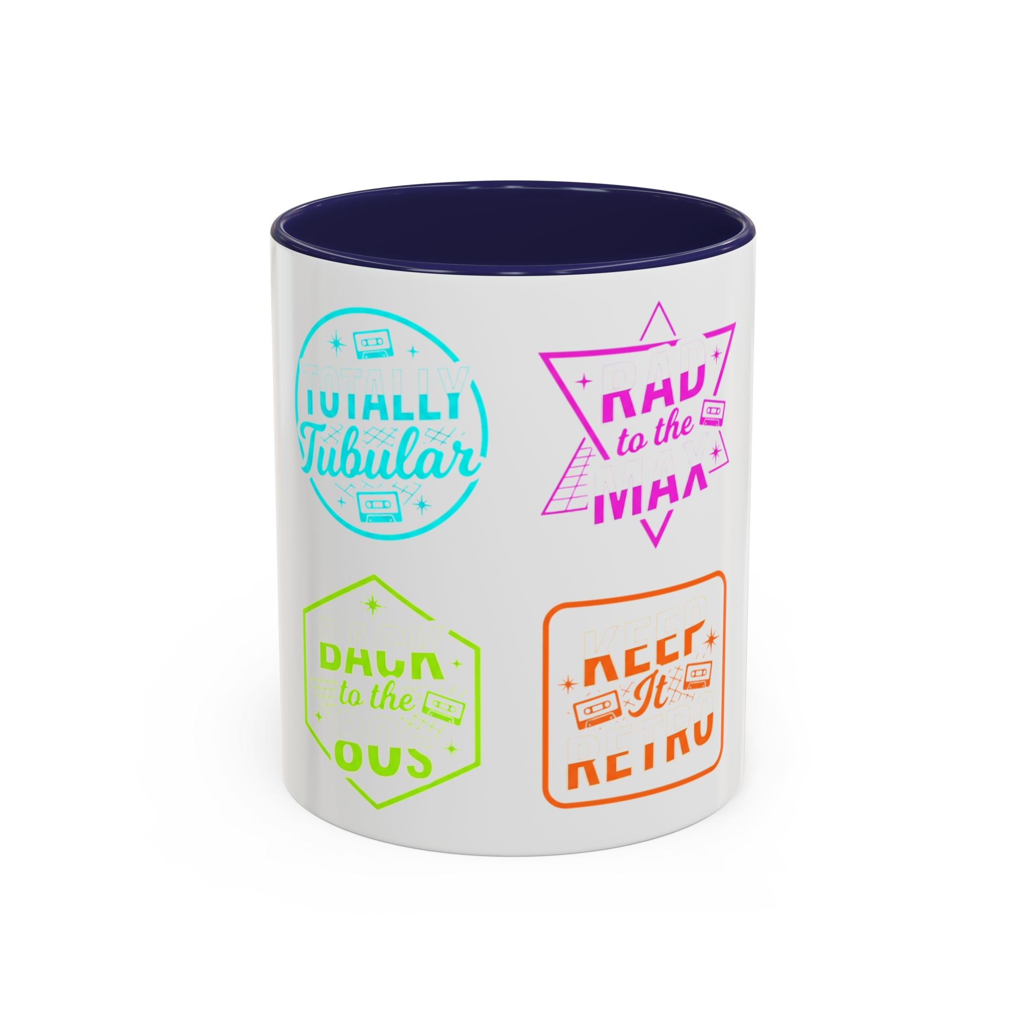 Retro Gamer Badge Accent Coffee Mug — Neon 'Totally Tubular' & 80s Gamer Icons (11/15oz)