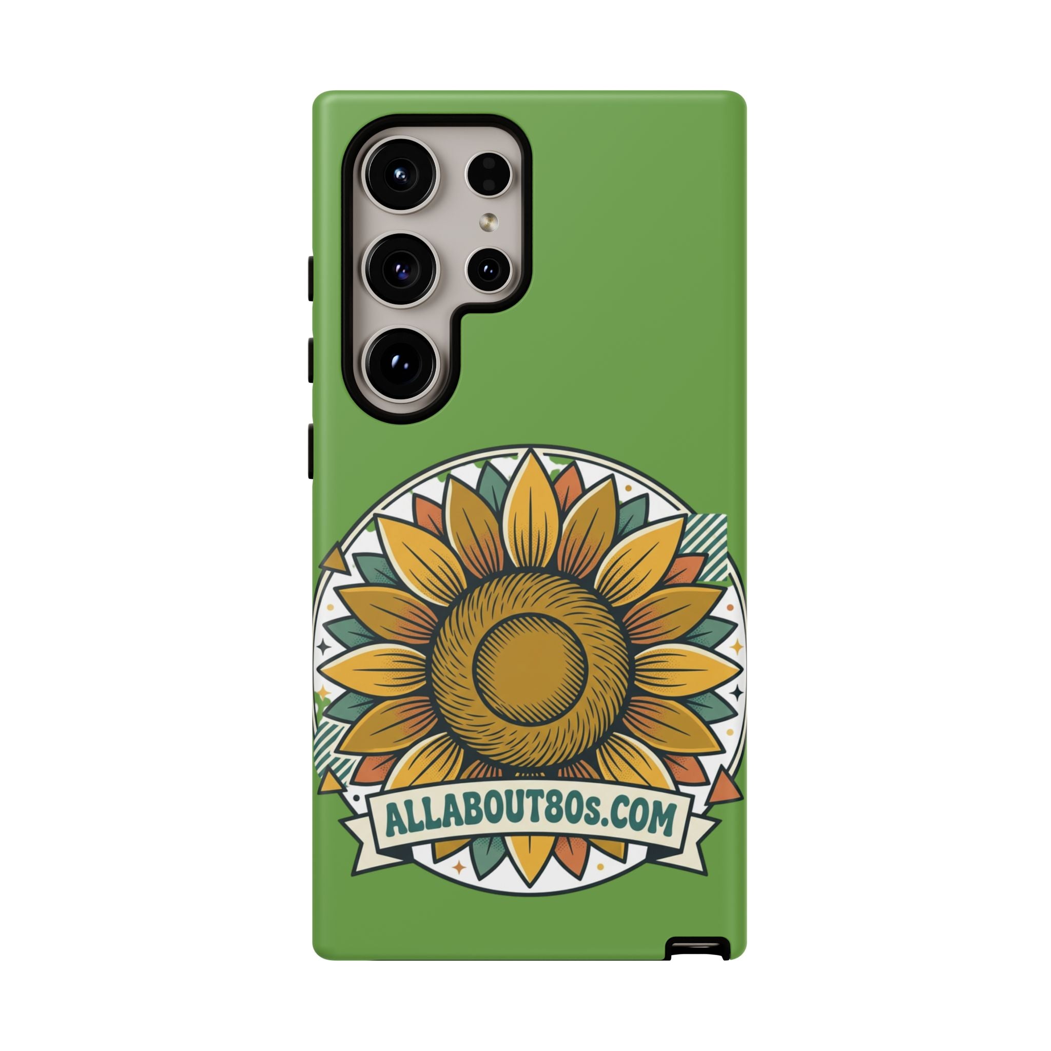 Sunflower Tough Phone Case – Green Floral Protective Case with "AllAbout80s.com" Banner