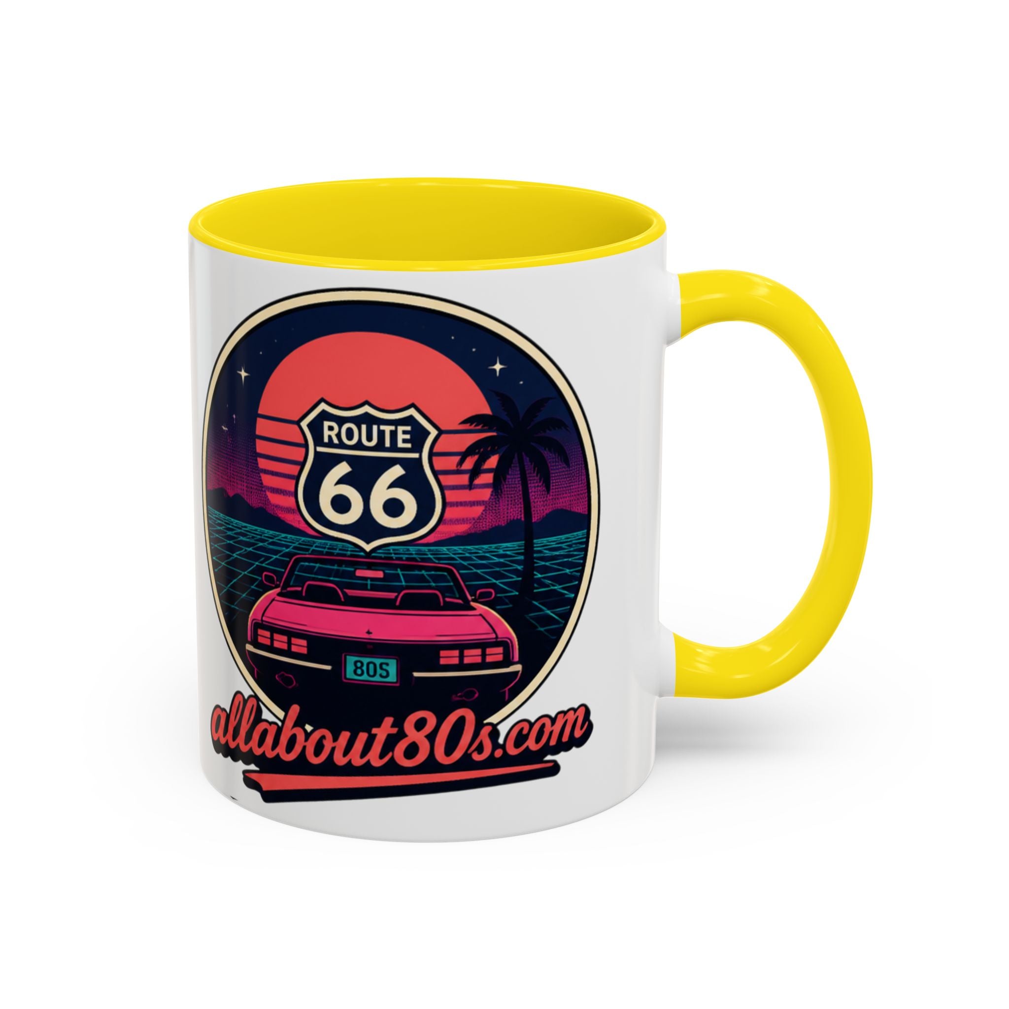 Route 66 Retro 80s Accent Coffee Mug — 'allabout80s' Vintage Sunset Design (11/15oz)