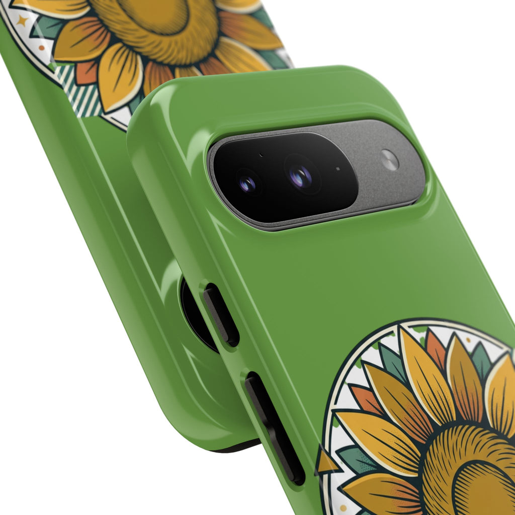 Sunflower Tough Phone Case – Green Floral Protective Case with "AllAbout80s.com" Banner