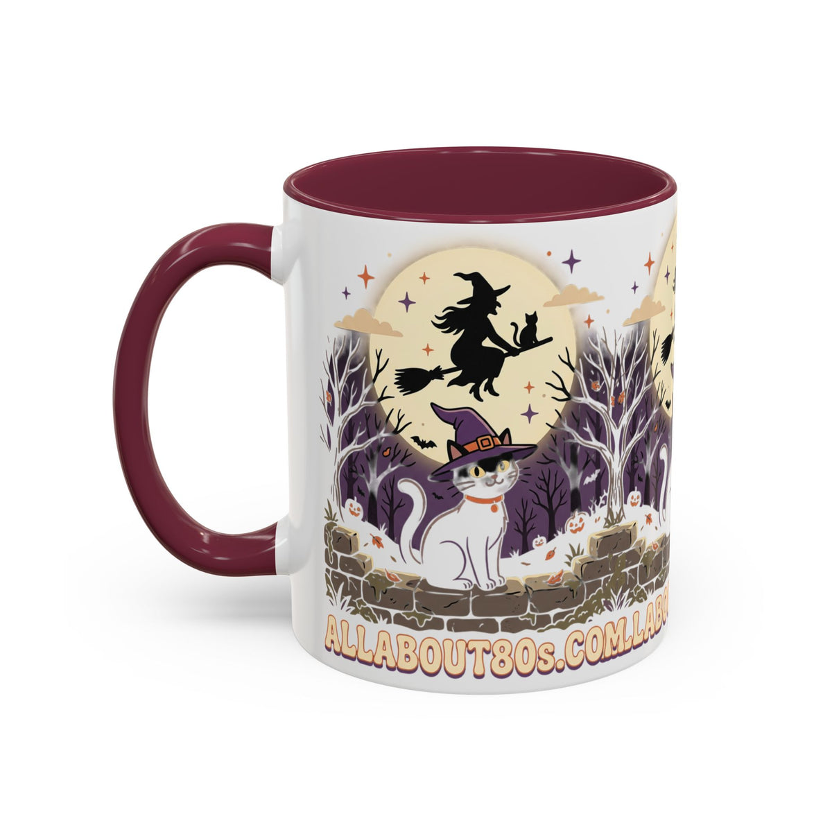 Halloween Cat Witch Mug – Cute Witch Hat Cat with Flying Witch Silhouette (11oz/15oz)
