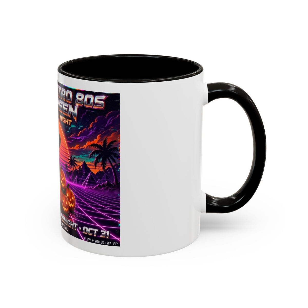 Halloween Retro Cat Mug — Neon 80s Spooky Pumpkin Coffee Cup (11oz/15oz)