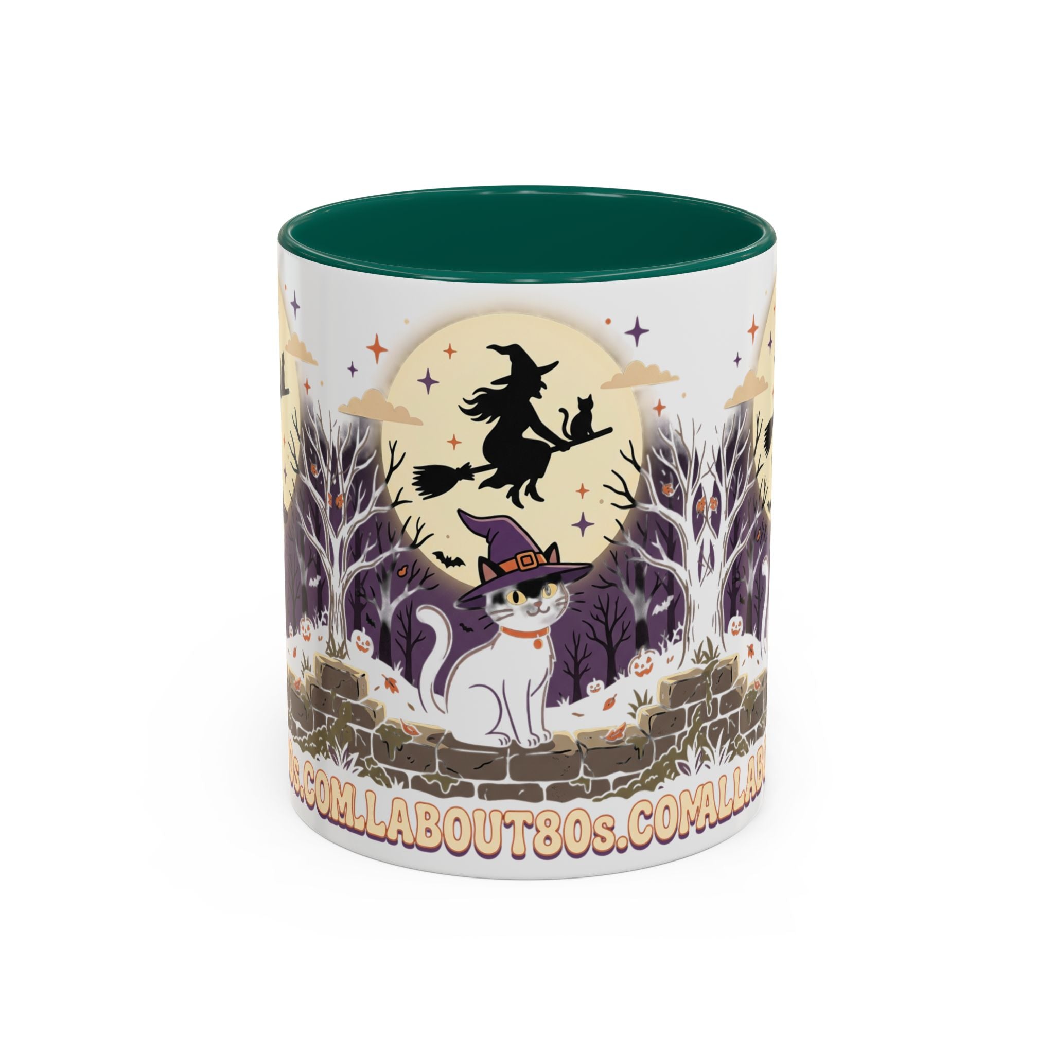 Halloween Cat Witch Mug – Cute Witch Hat Cat with Flying Witch Silhouette (11oz/15oz)