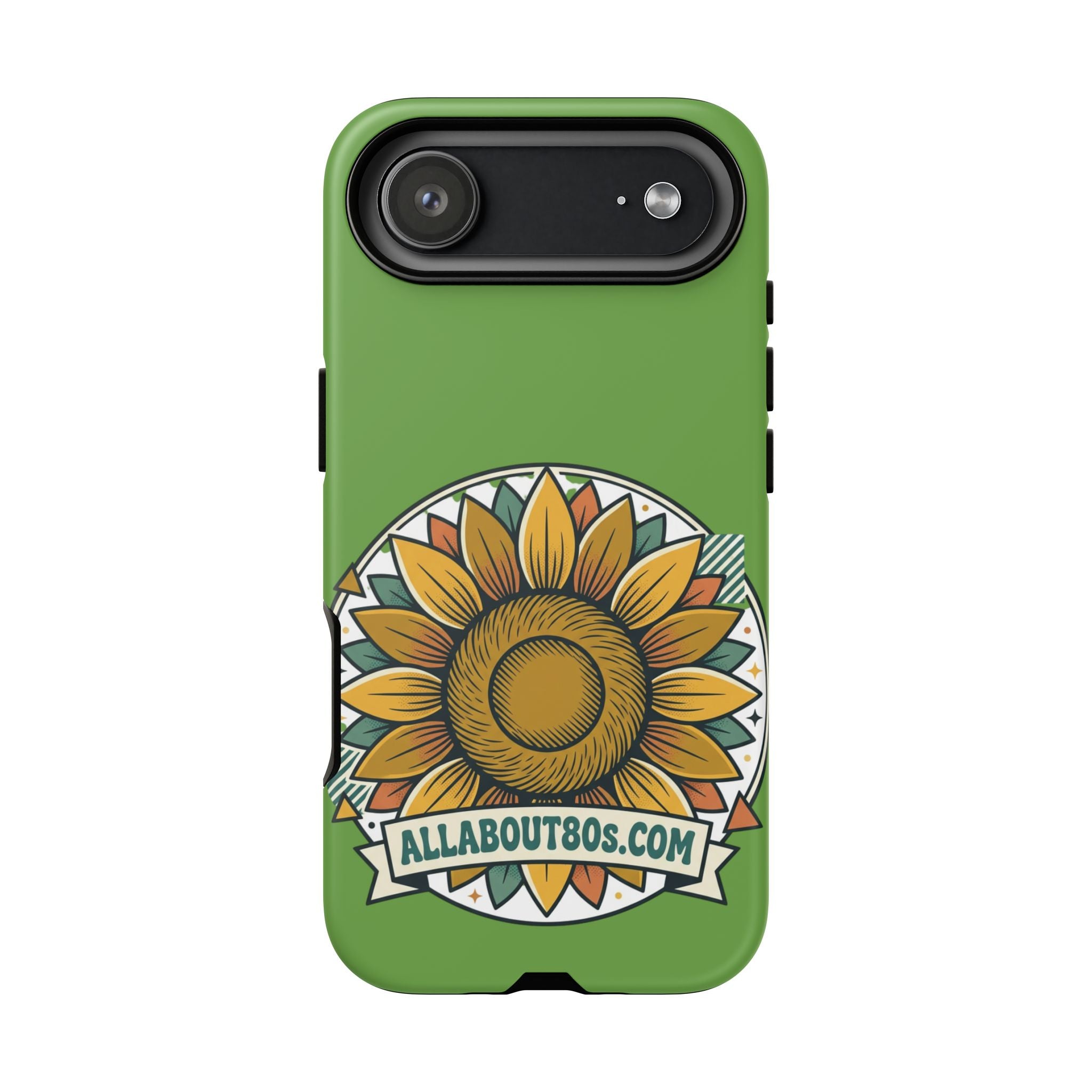 Sunflower Tough Phone Case – Green Floral Protective Case with "AllAbout80s.com" Banner