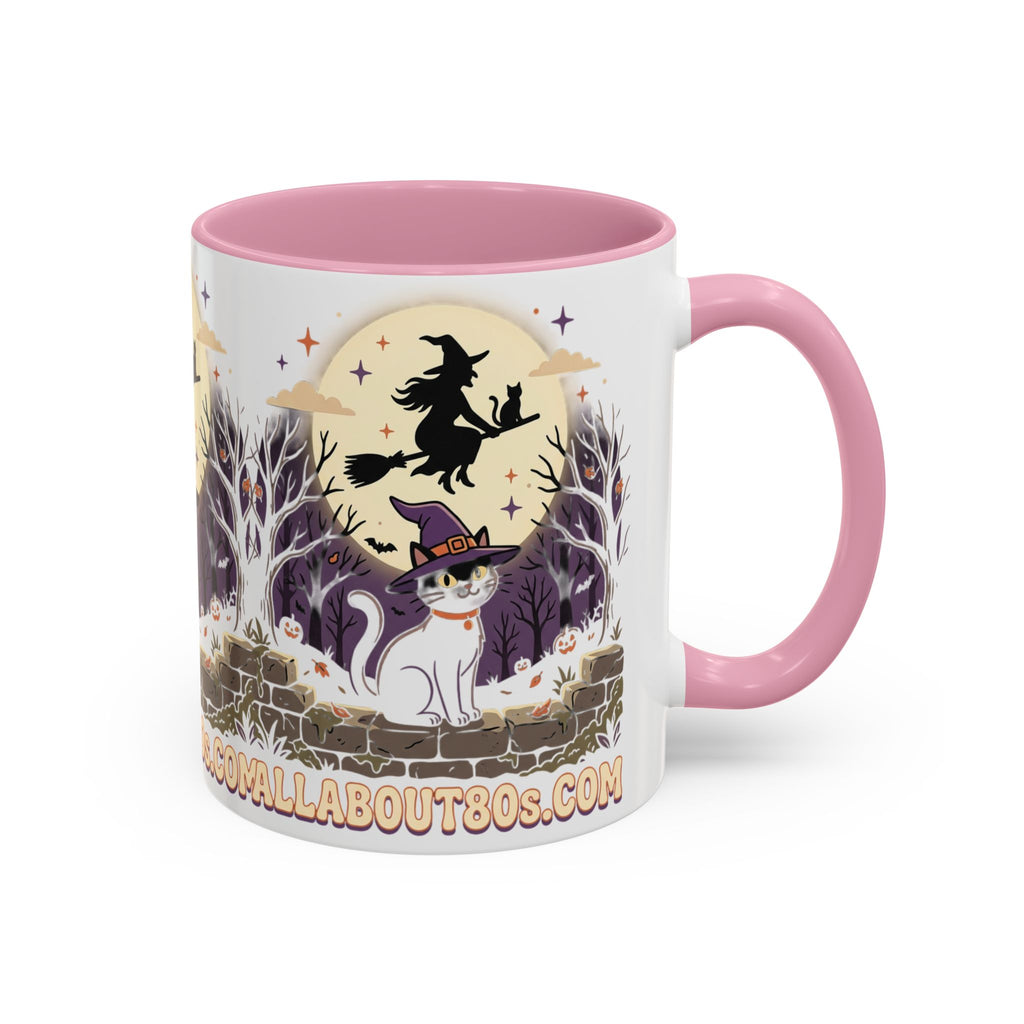 Halloween Cat Witch Mug – Cute Witch Hat Cat with Flying Witch Silhouette (11oz/15oz)