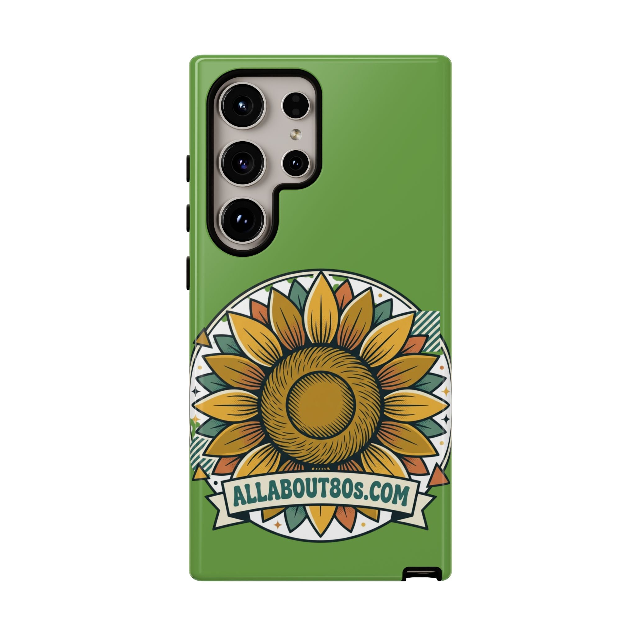 Sunflower Tough Phone Case – Green Floral Protective Case with "AllAbout80s.com" Banner