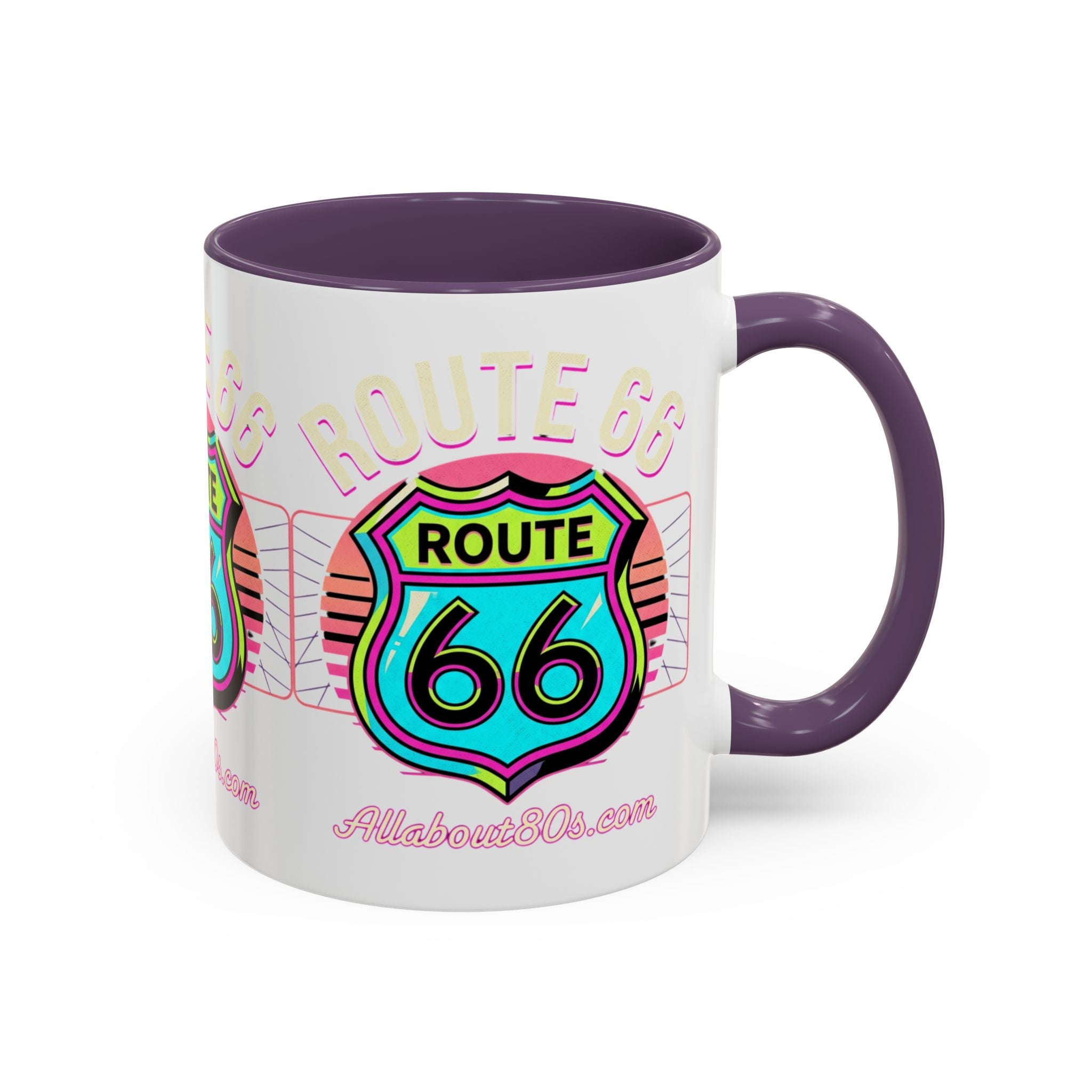 Route 66 Neon Shield Accent Coffee Mug — Retro Road Trip Travel Gift (11/15 oz)