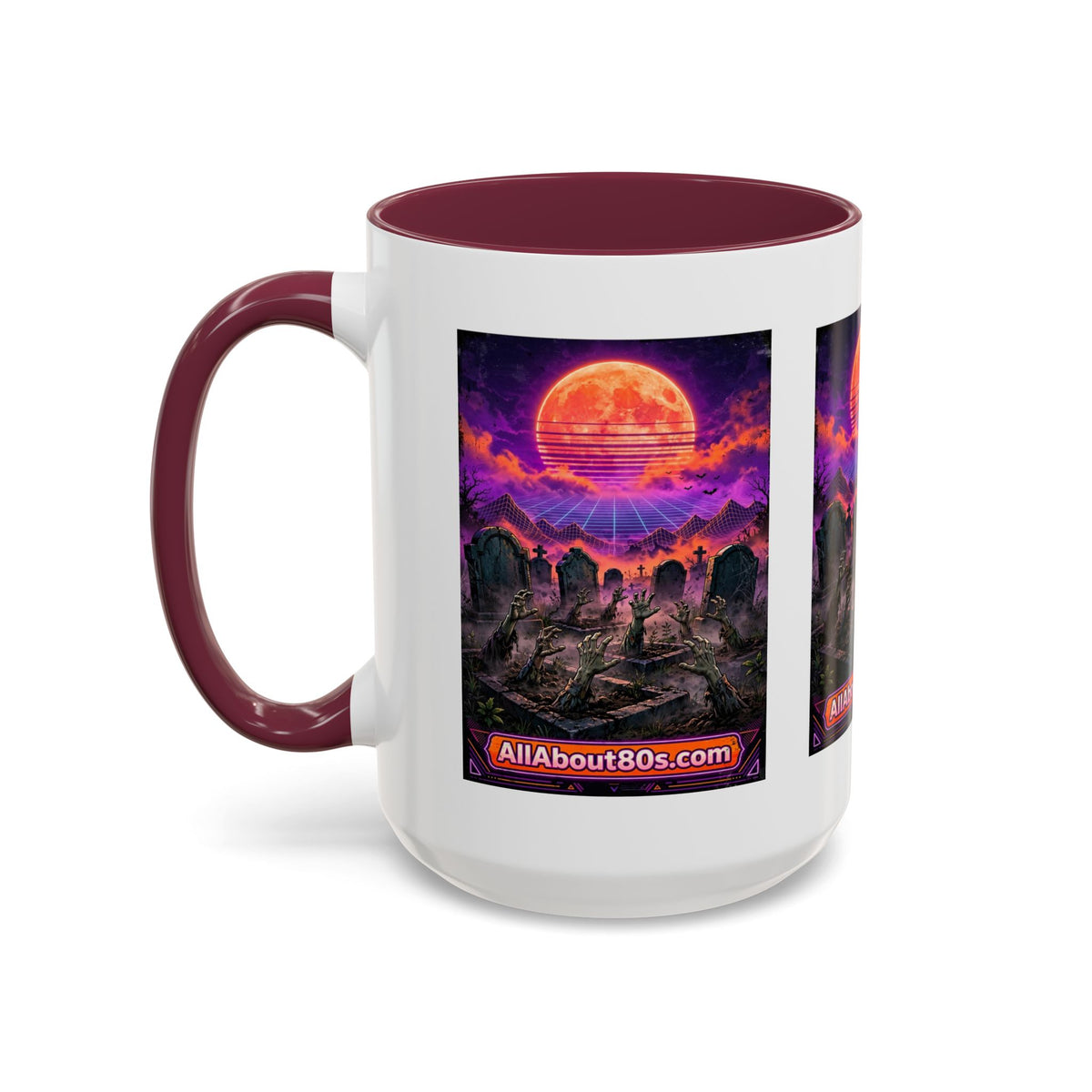 80s Retro Graveyard Sunset Mug — Vaporwave Neon Coffins Coffee Cup (11oz/15oz)