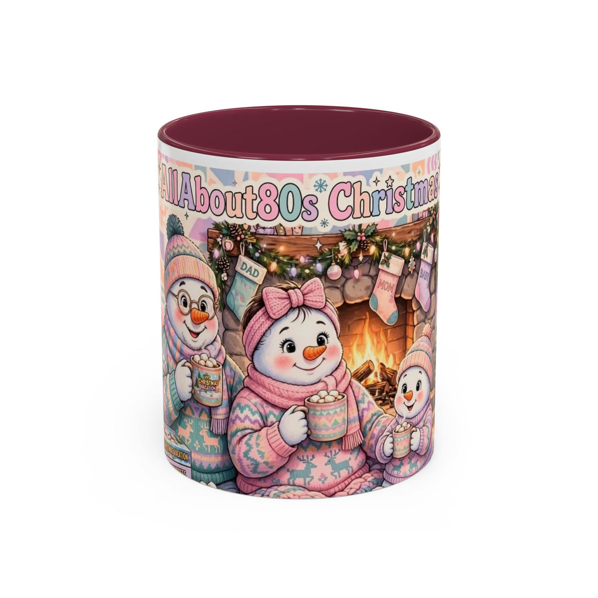 Cute Snowman Christmas Mug — 'All About 80s Christmas' Colorful Holiday Coffee Cup (11oz/15oz)