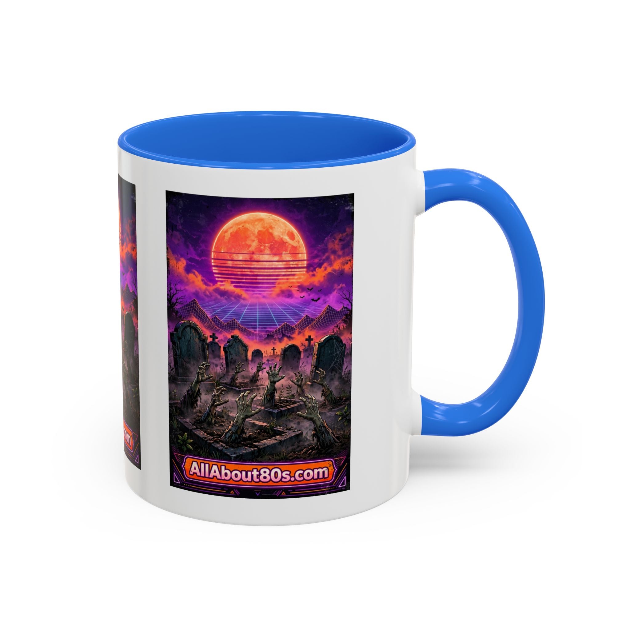 80s Retro Graveyard Sunset Mug — Vaporwave Neon Coffins Coffee Cup (11oz/15oz)