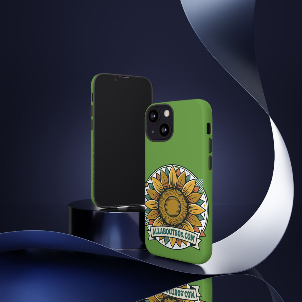 Sunflower Tough Phone Case – Green Floral Protective Case with "AllAbout80s.com" Banner