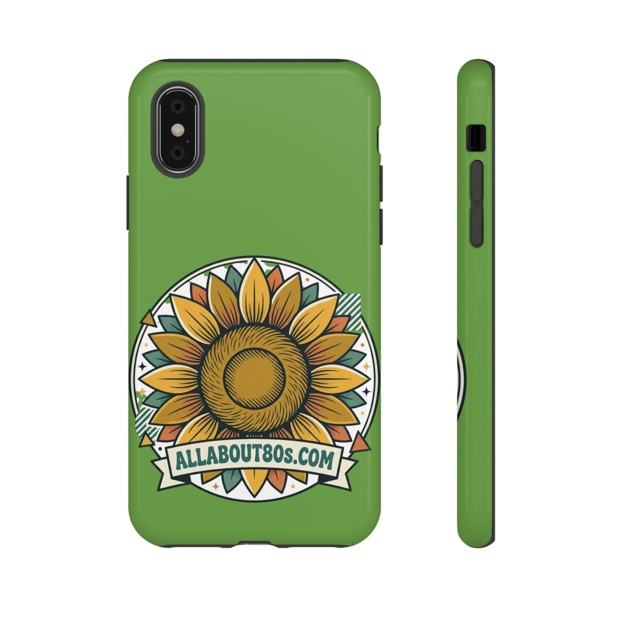 Sunflower Tough Phone Case – Green Floral Protective Case with "AllAbout80s.com" Banner