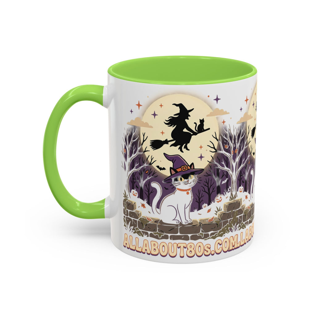 Halloween Cat Witch Mug – Cute Witch Hat Cat with Flying Witch Silhouette (11oz/15oz)