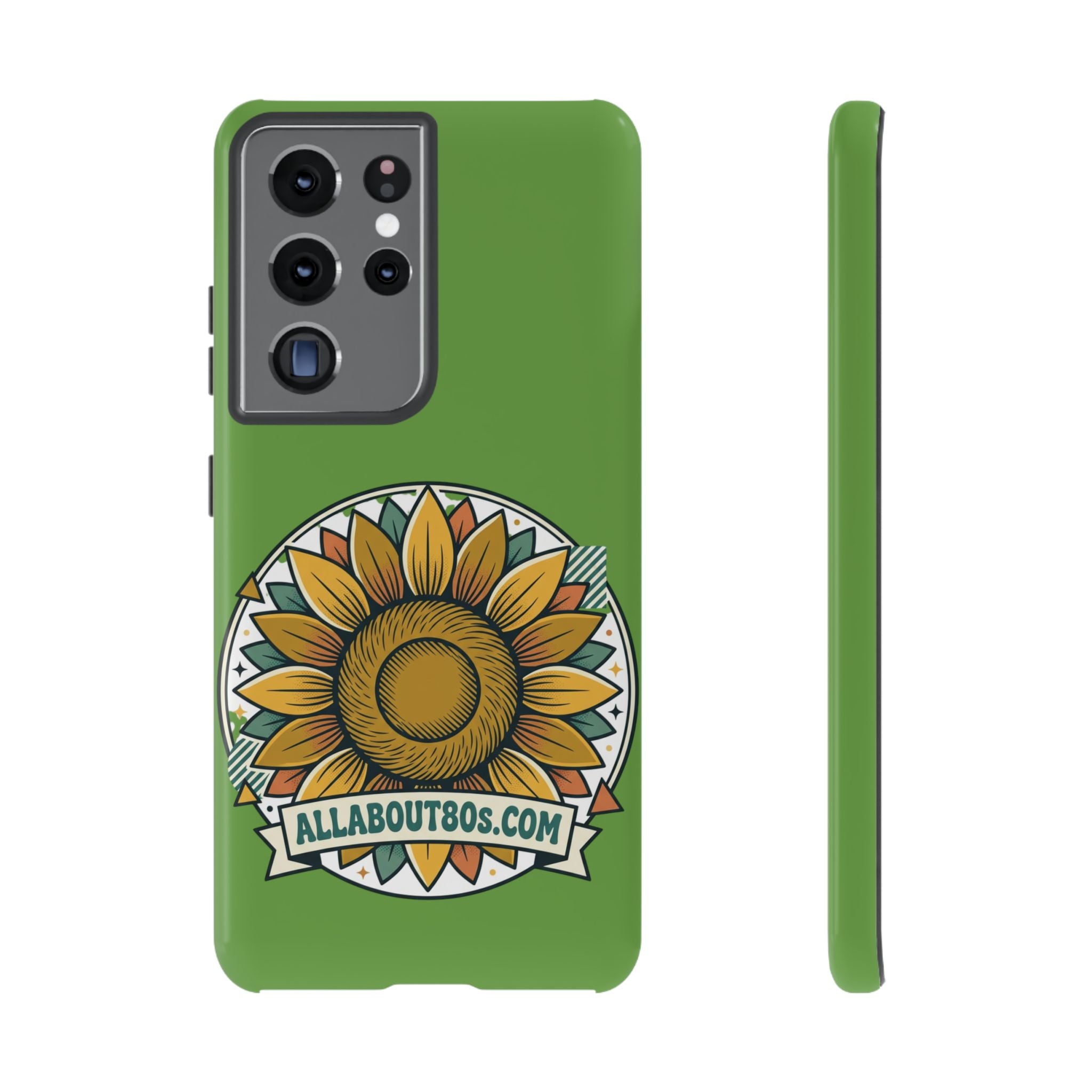Sunflower Tough Phone Case – Green Floral Protective Case with "AllAbout80s.com" Banner