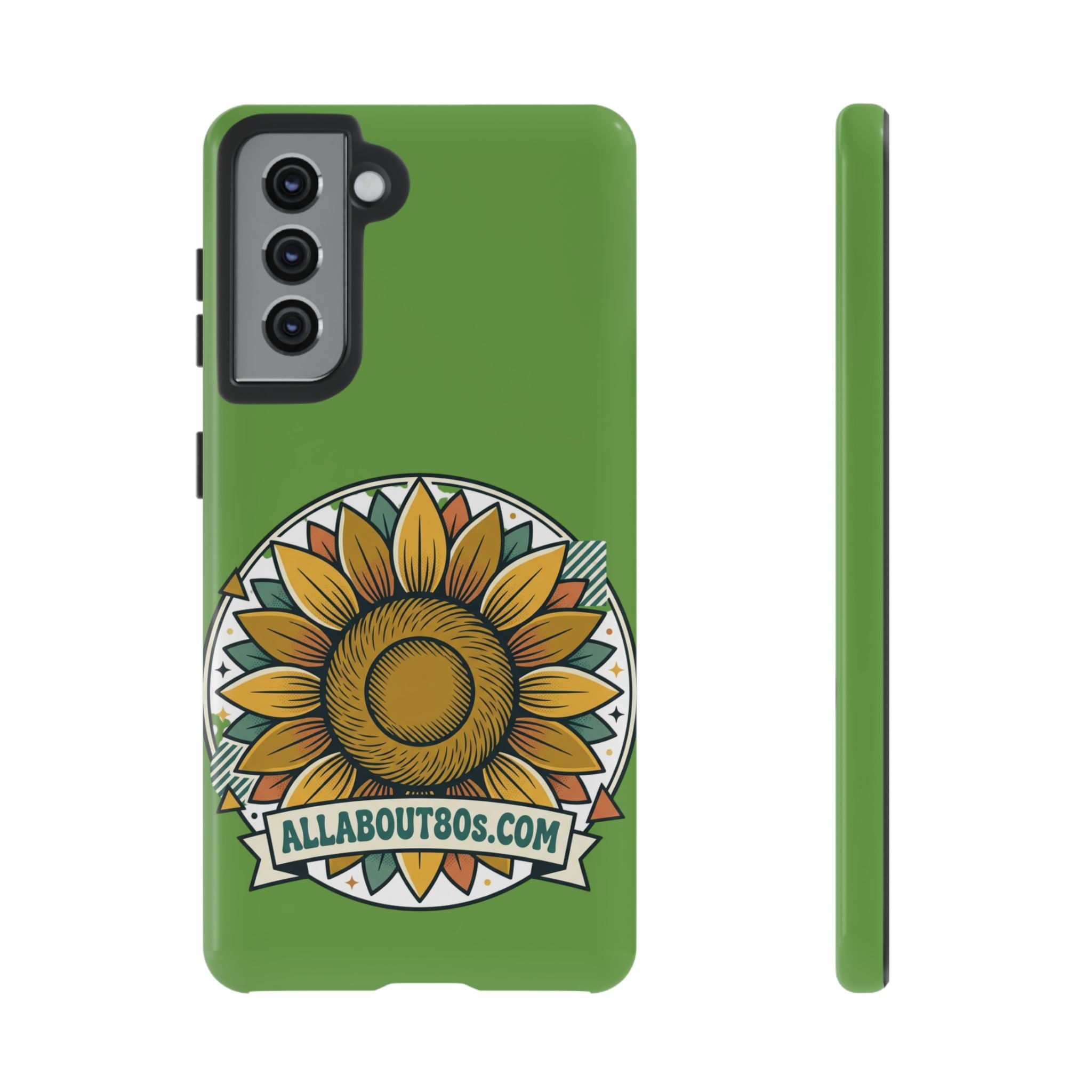 Sunflower Tough Phone Case – Green Floral Protective Case with "AllAbout80s.com" Banner