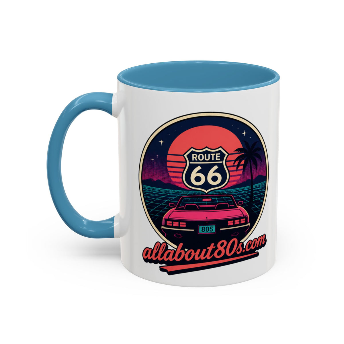 Route 66 Retro 80s Accent Coffee Mug — 'allabout80s' Vintage Sunset Design (11/15oz)