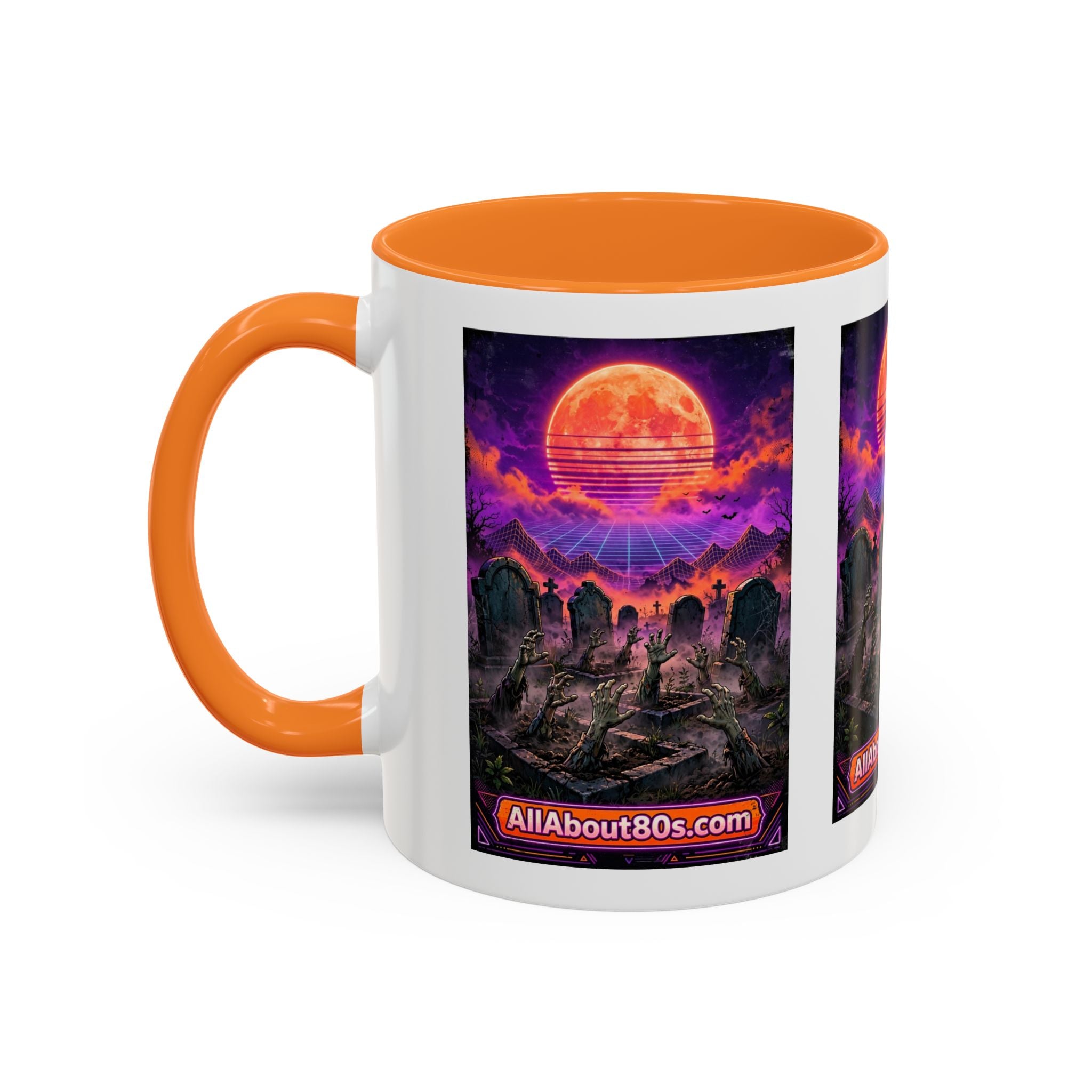 80s Retro Graveyard Sunset Mug — Vaporwave Neon Coffins Coffee Cup (11oz/15oz)
