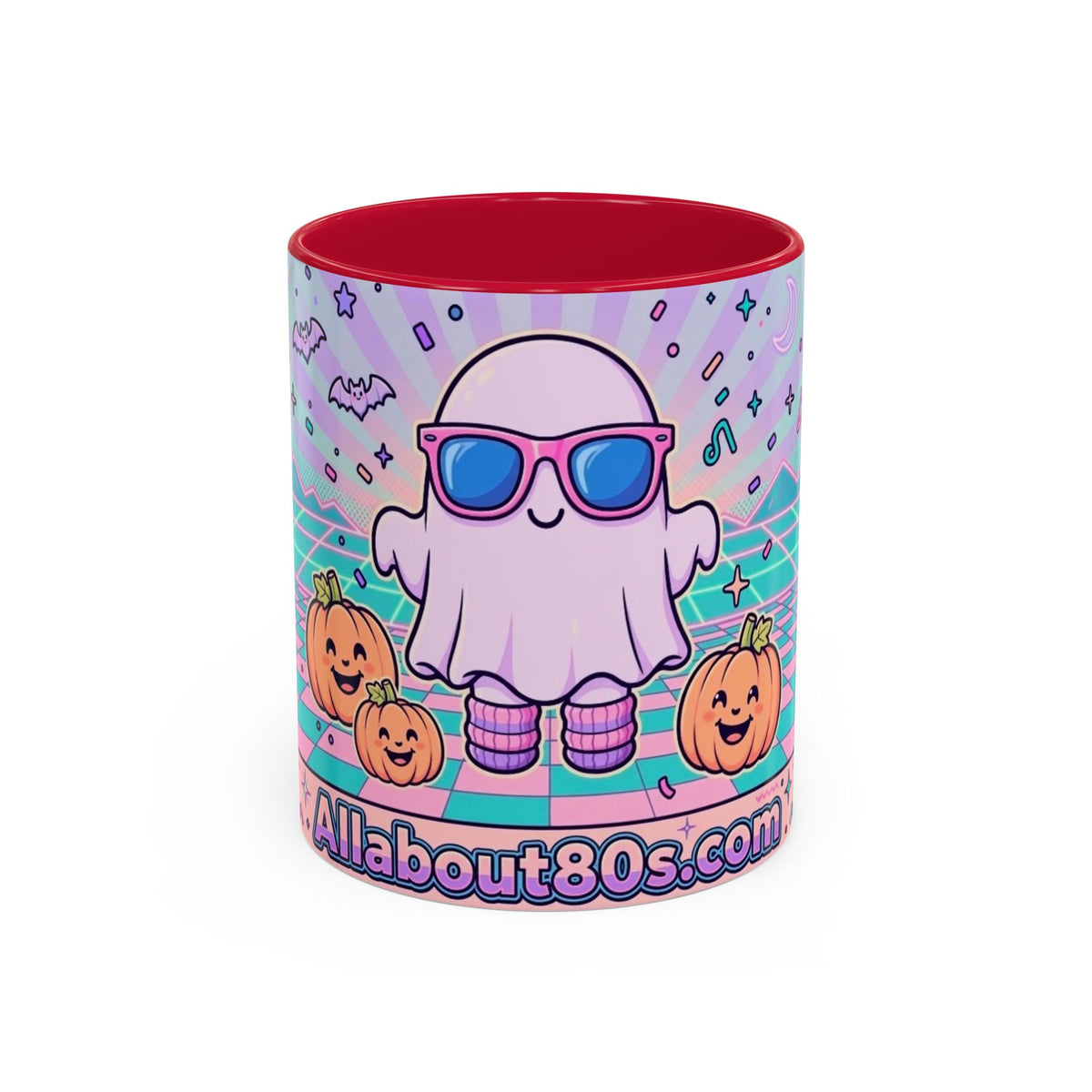 80s Vaporwave Ghost Coffee Mug — Cute Halloween Pumpkin Retro Design (11oz/15oz)