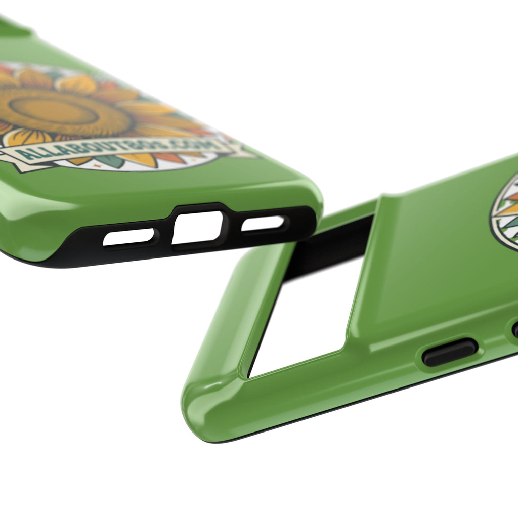 Sunflower Tough Phone Case – Green Floral Protective Case with "AllAbout80s.com" Banner