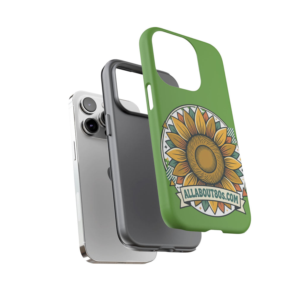 Sunflower Tough Phone Case – Green Floral Protective Case with "AllAbout80s.com" Banner