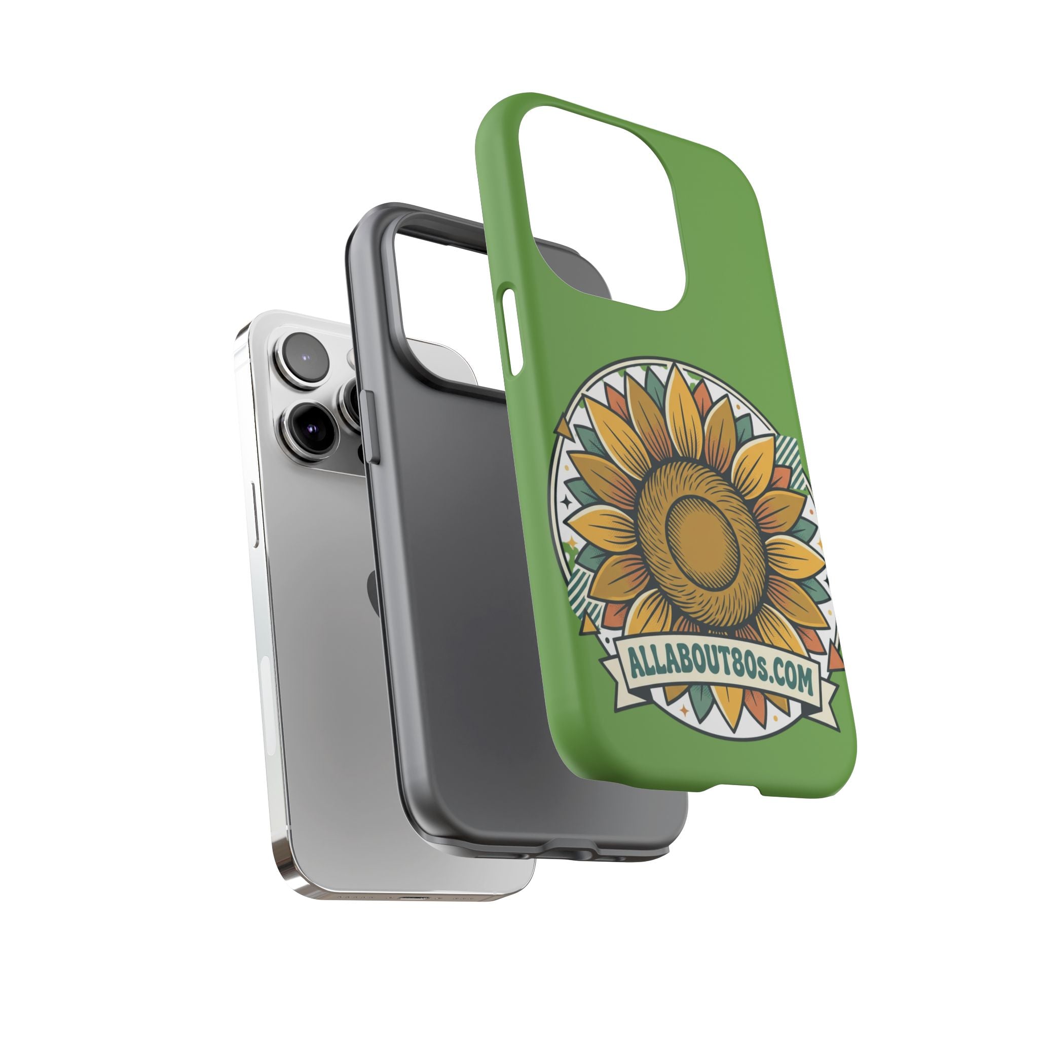Sunflower Tough Phone Case – Green Floral Protective Case with "AllAbout80s.com" Banner