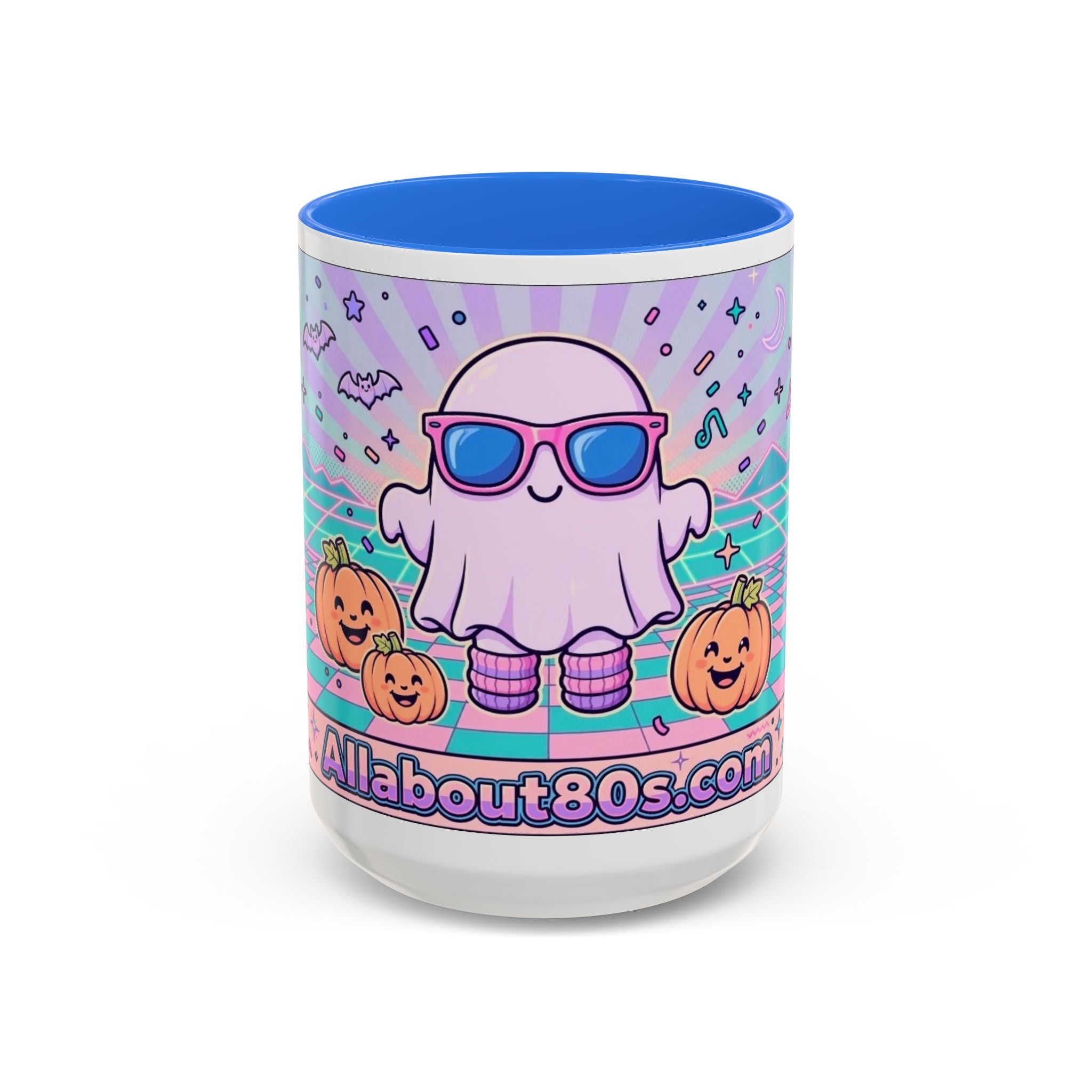 80s Vaporwave Ghost Coffee Mug — Cute Halloween Pumpkin Retro Design (11oz/15oz)
