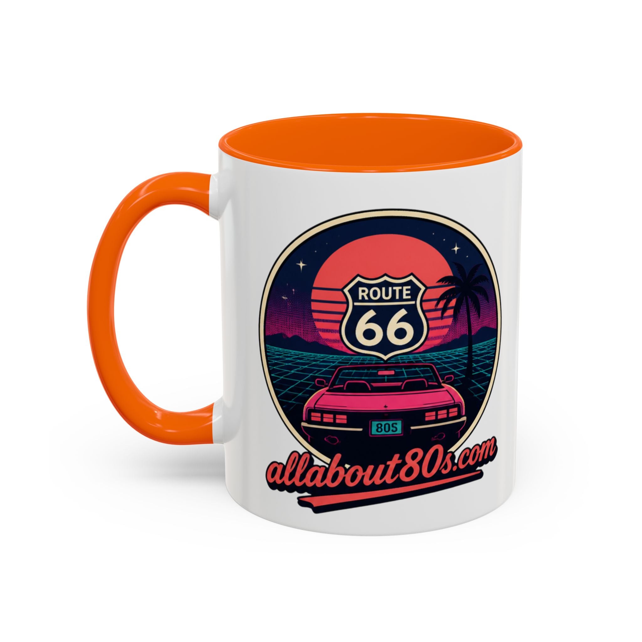 Route 66 Retro 80s Accent Coffee Mug — 'allabout80s' Vintage Sunset Design (11/15oz)