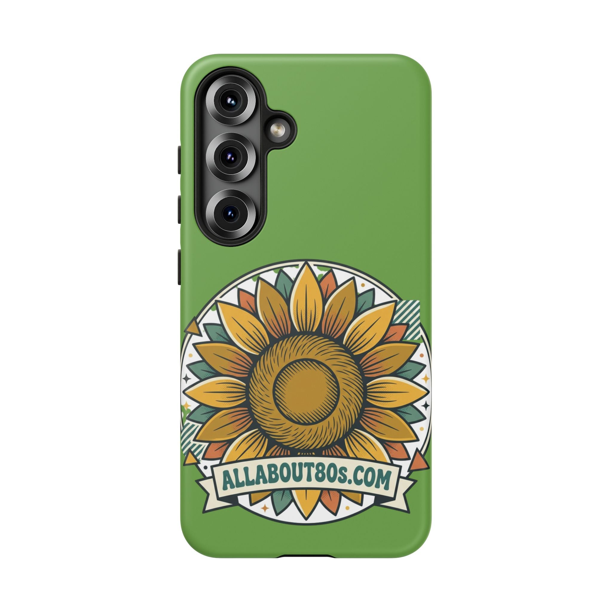 Sunflower Tough Phone Case – Green Floral Protective Case with "AllAbout80s.com" Banner