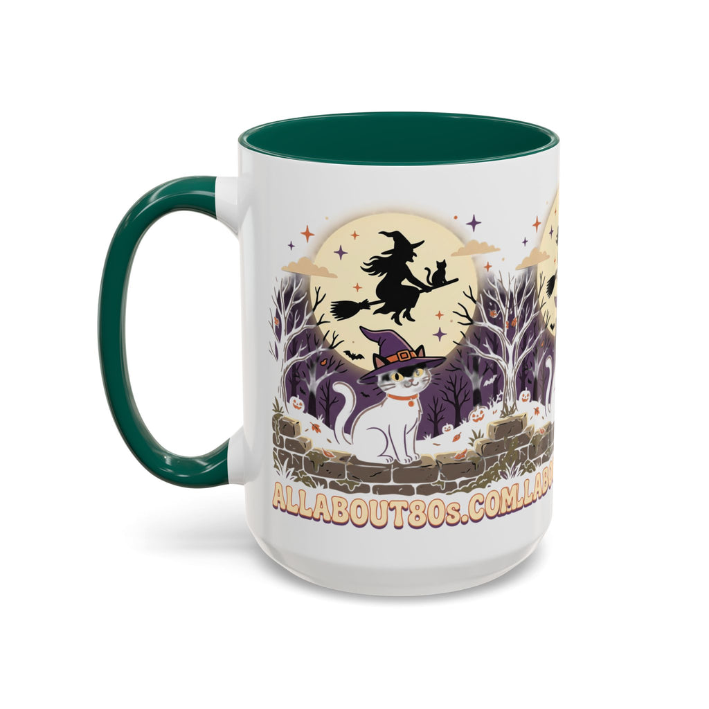 Halloween Cat Witch Mug – Cute Witch Hat Cat with Flying Witch Silhouette (11oz/15oz)