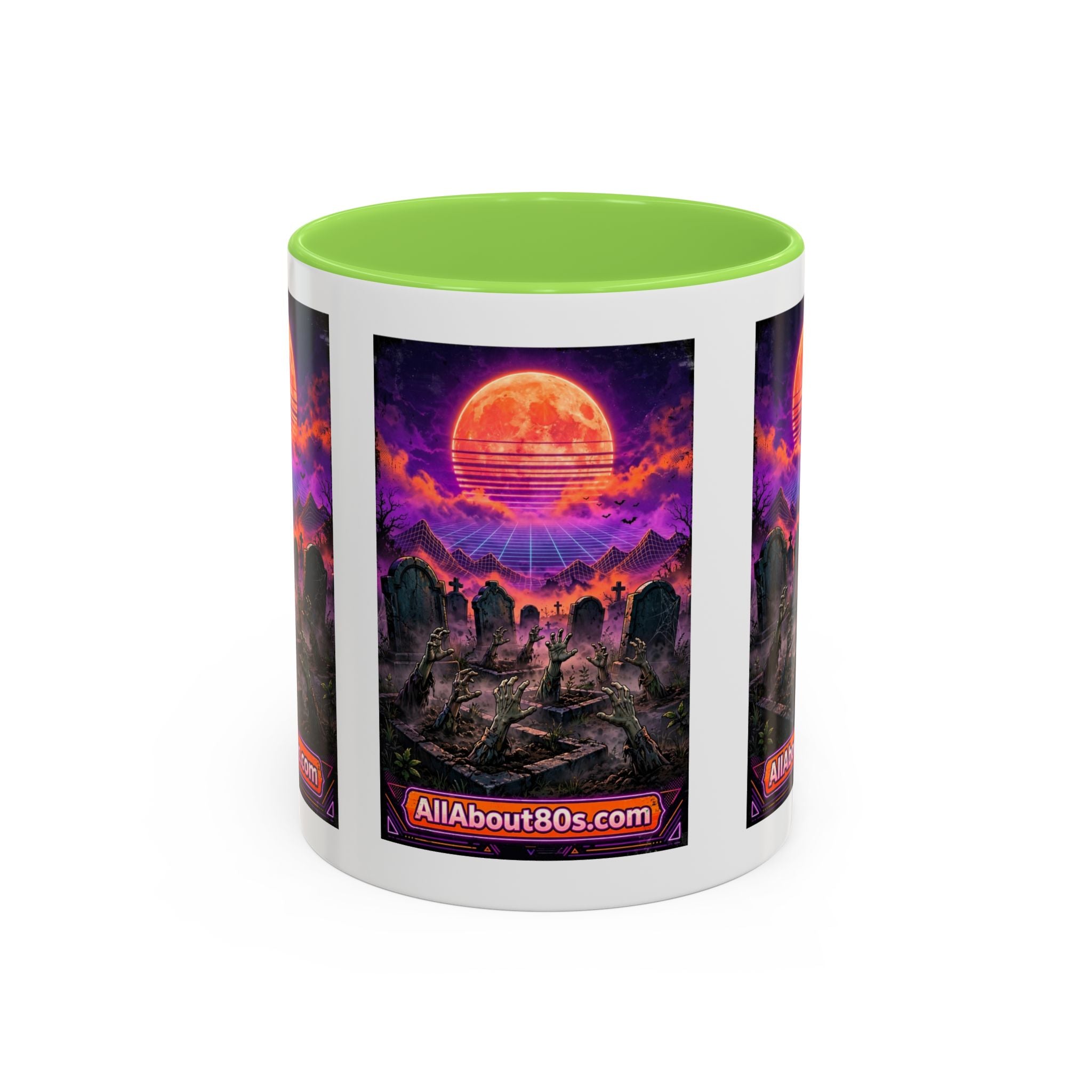 80s Retro Graveyard Sunset Mug — Vaporwave Neon Coffins Coffee Cup (11oz/15oz)