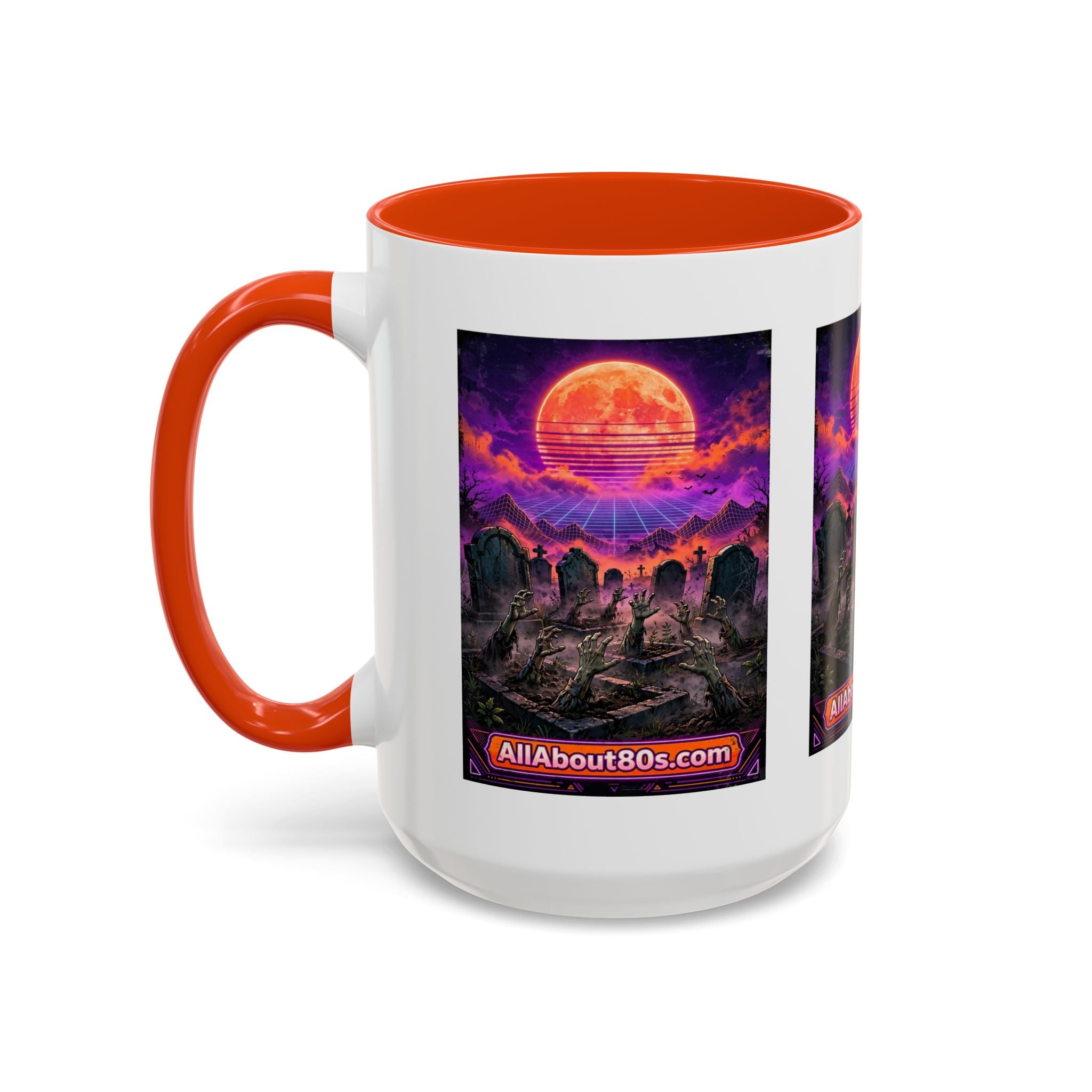 80s Retro Graveyard Sunset Mug — Vaporwave Neon Coffins Coffee Cup (11oz/15oz)