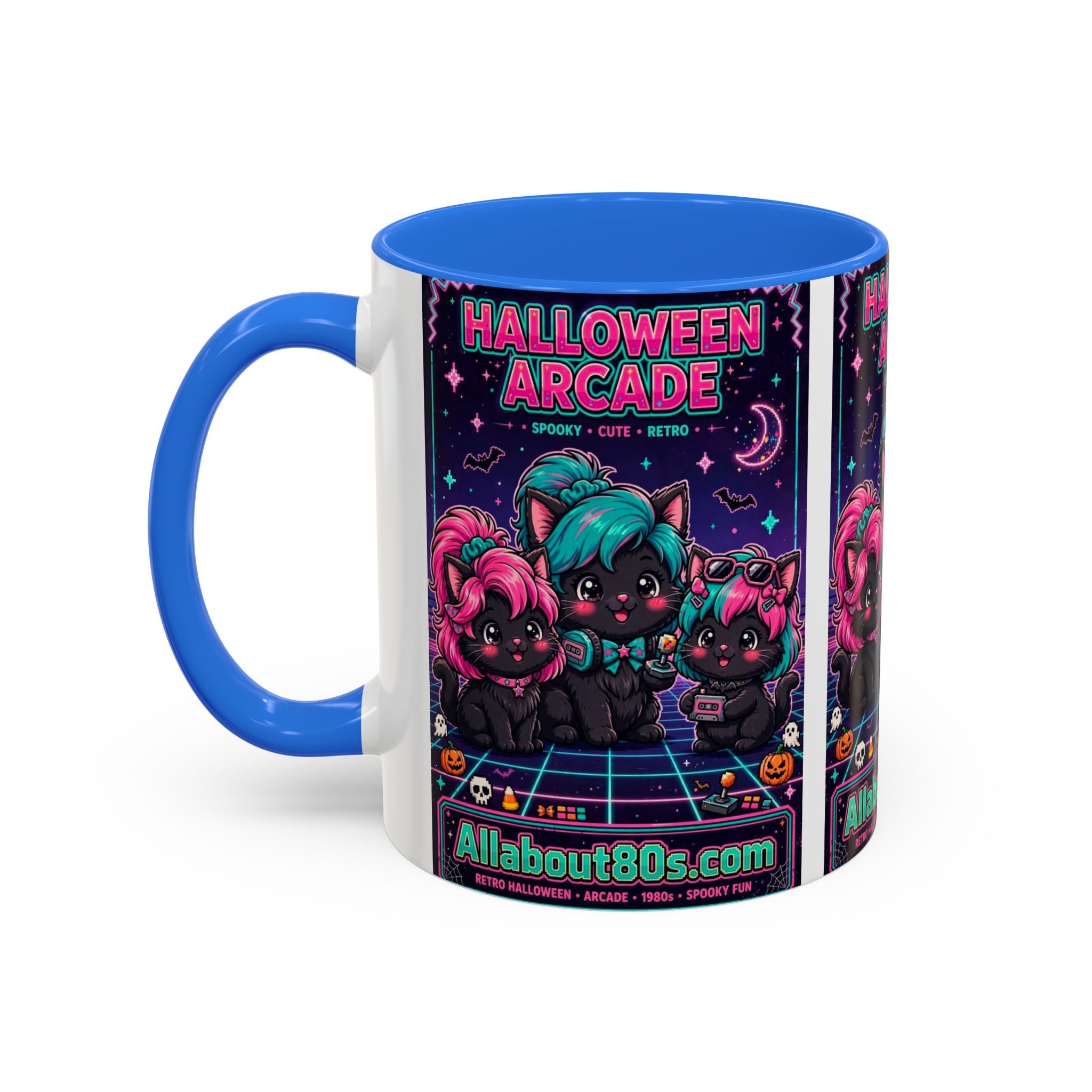 Halloween Arcade Mug — Cute Retro 80s Cat Gamers (11oz/15oz)