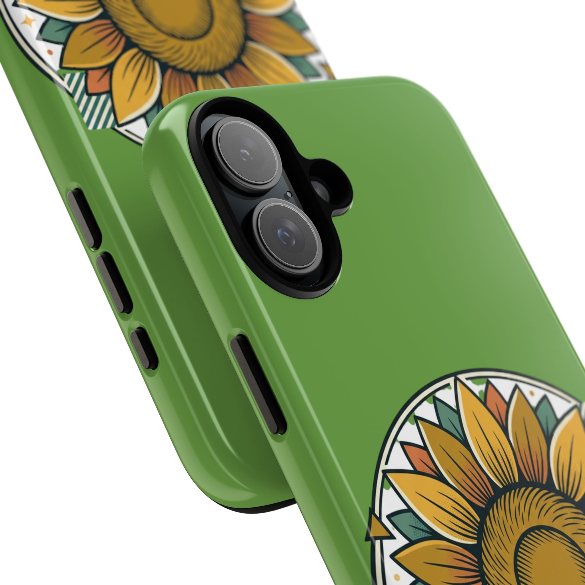 Sunflower Tough Phone Case – Green Floral Protective Case with "AllAbout80s.com" Banner