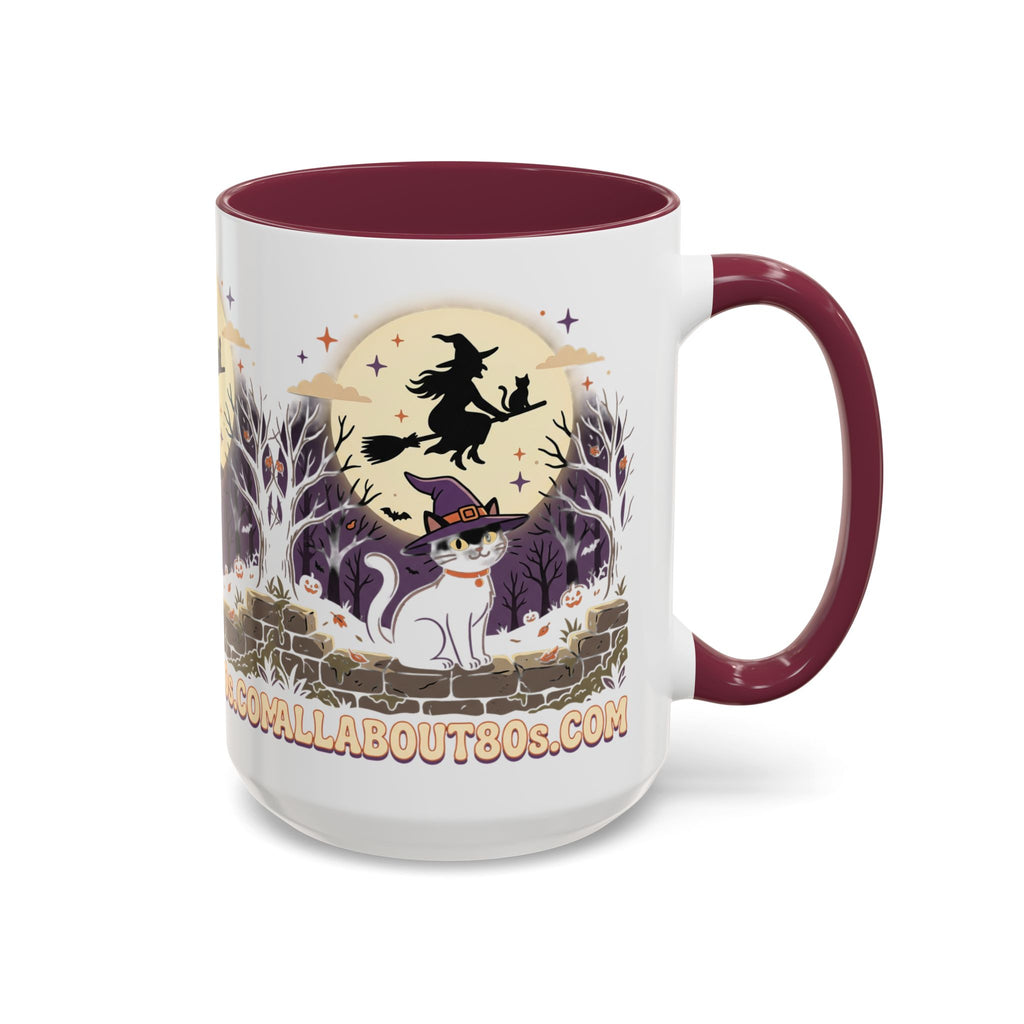 Halloween Cat Witch Mug – Cute Witch Hat Cat with Flying Witch Silhouette (11oz/15oz)
