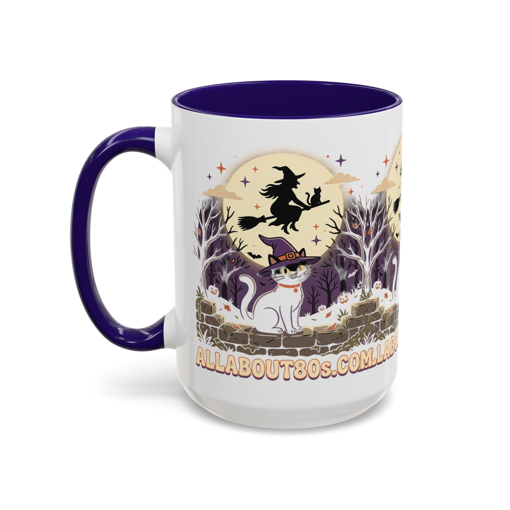 Halloween Cat Witch Mug – Cute Witch Hat Cat with Flying Witch Silhouette (11oz/15oz)