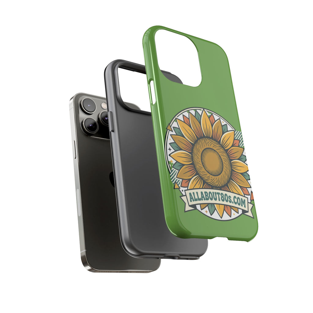 Sunflower Tough Phone Case – Green Floral Protective Case with "AllAbout80s.com" Banner