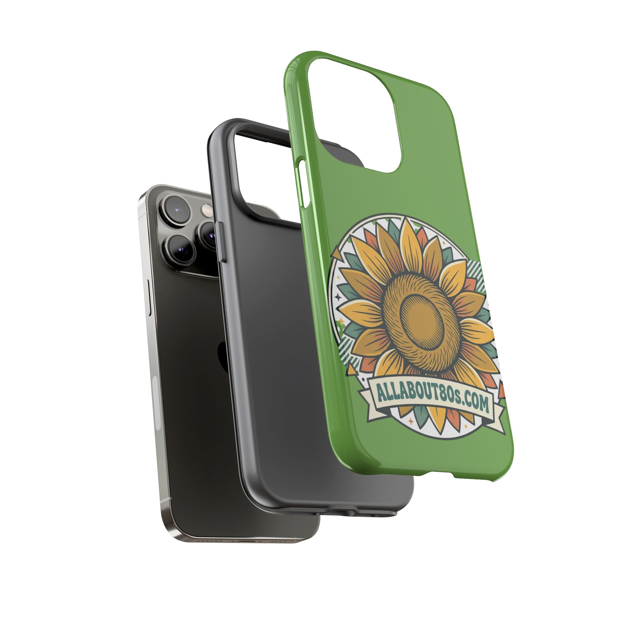 Sunflower Tough Phone Case – Green Floral Protective Case with "AllAbout80s.com" Banner