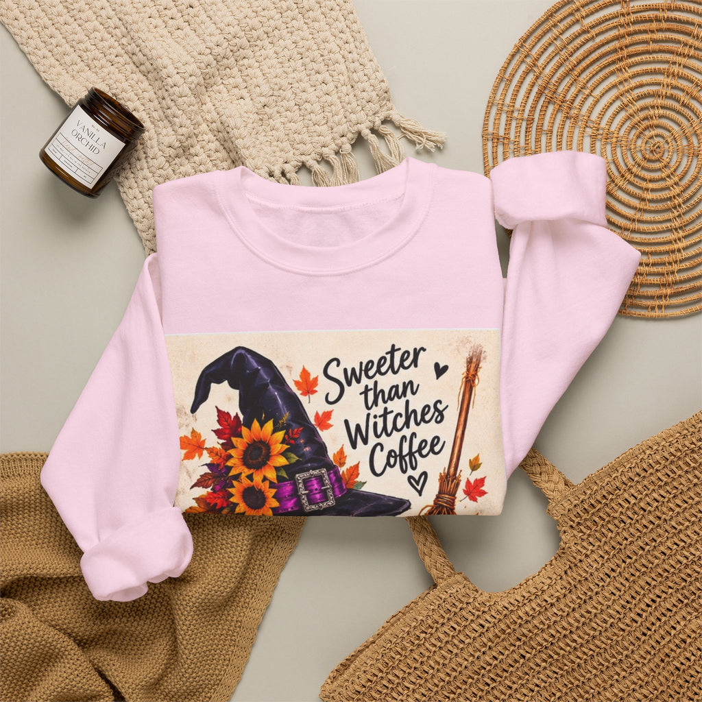 Sweater — 'Sweeter Than Witches Coffee' Halloween Witch Graphic Crewneck Sweatshirt
