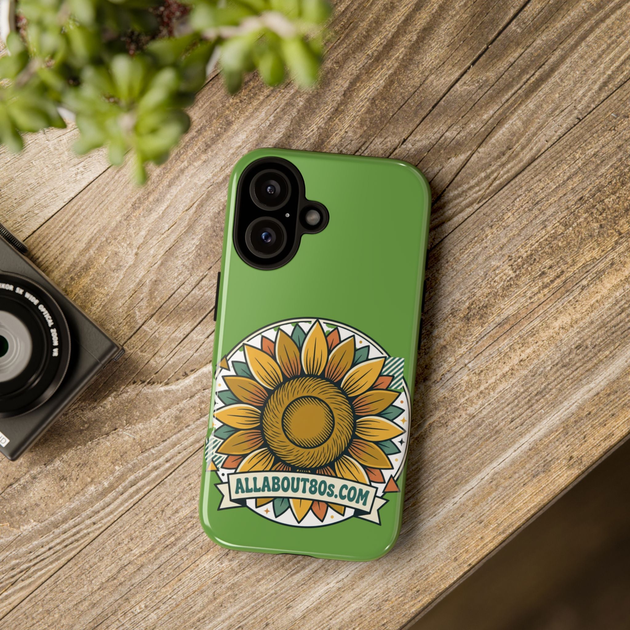 Sunflower Tough Phone Case – Green Floral Protective Case with "AllAbout80s.com" Banner