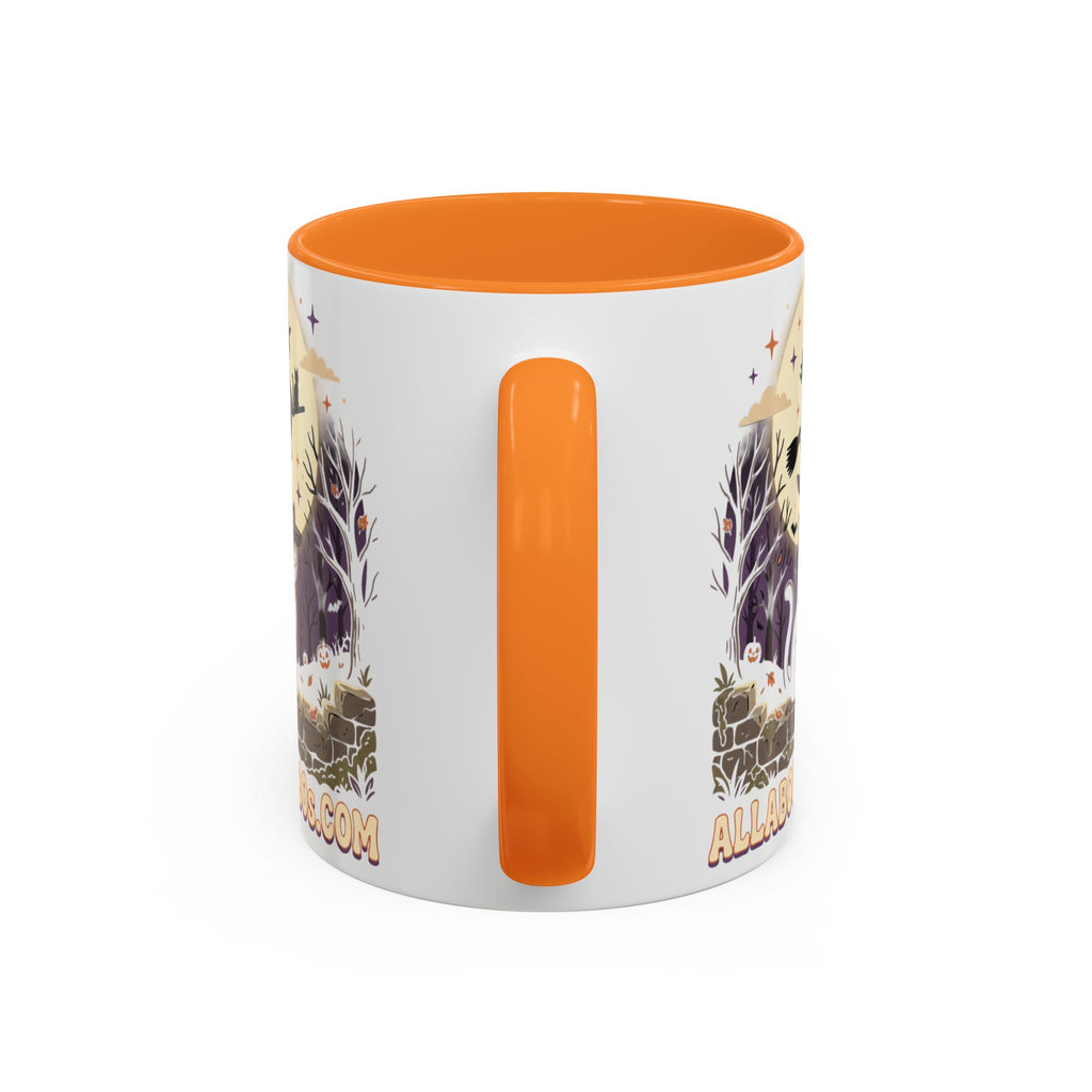 Halloween Cat Witch Mug – Cute Witch Hat Cat with Flying Witch Silhouette (11oz/15oz)