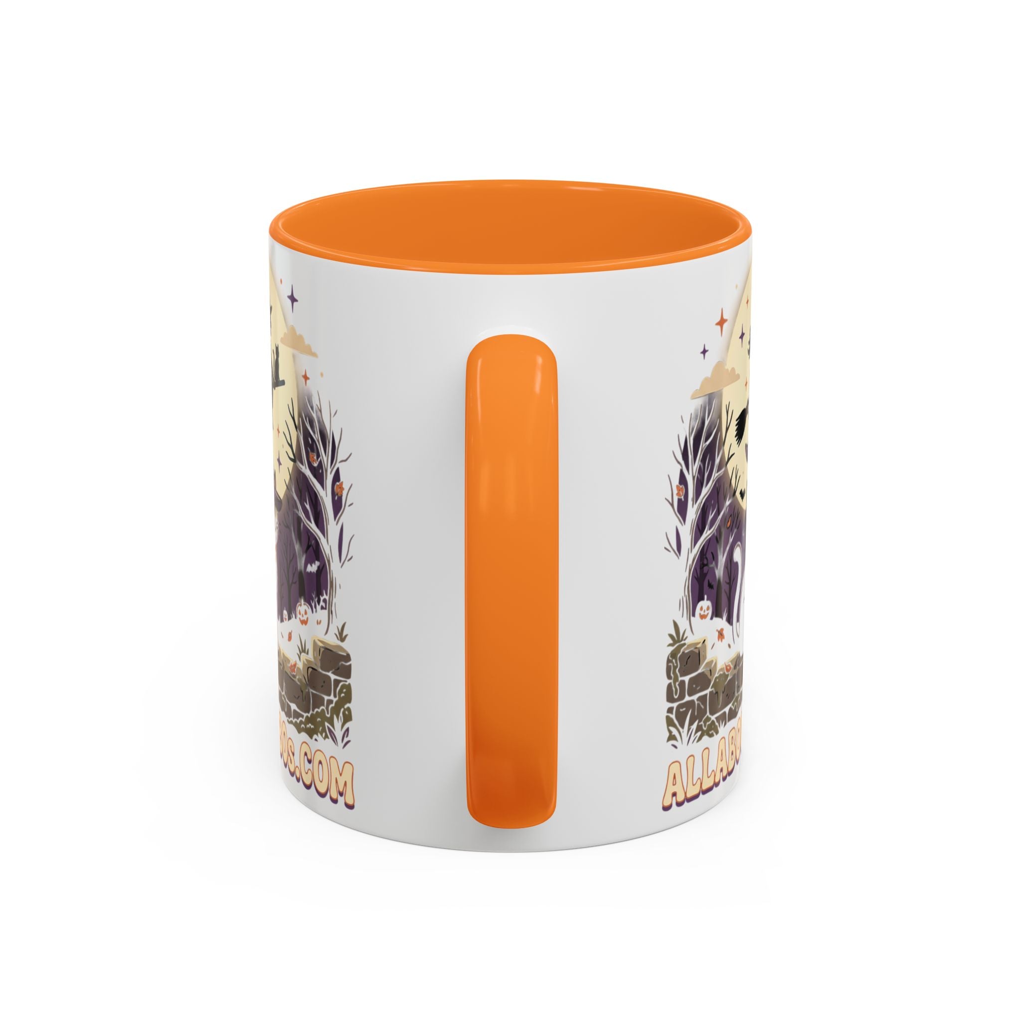Halloween Cat Witch Mug – Cute Witch Hat Cat with Flying Witch Silhouette (11oz/15oz)