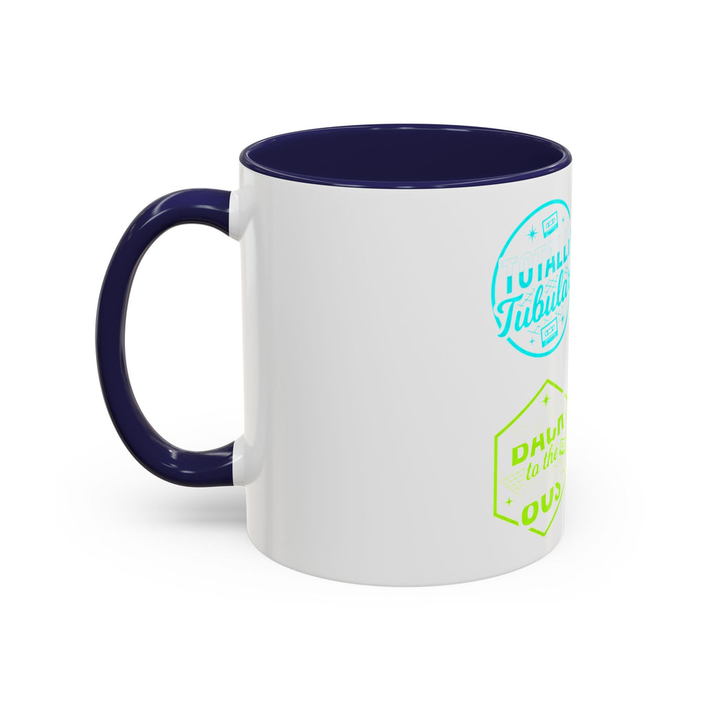 Retro Gamer Badge Accent Coffee Mug — Neon 'Totally Tubular' & 80s Gamer Icons (11/15oz)