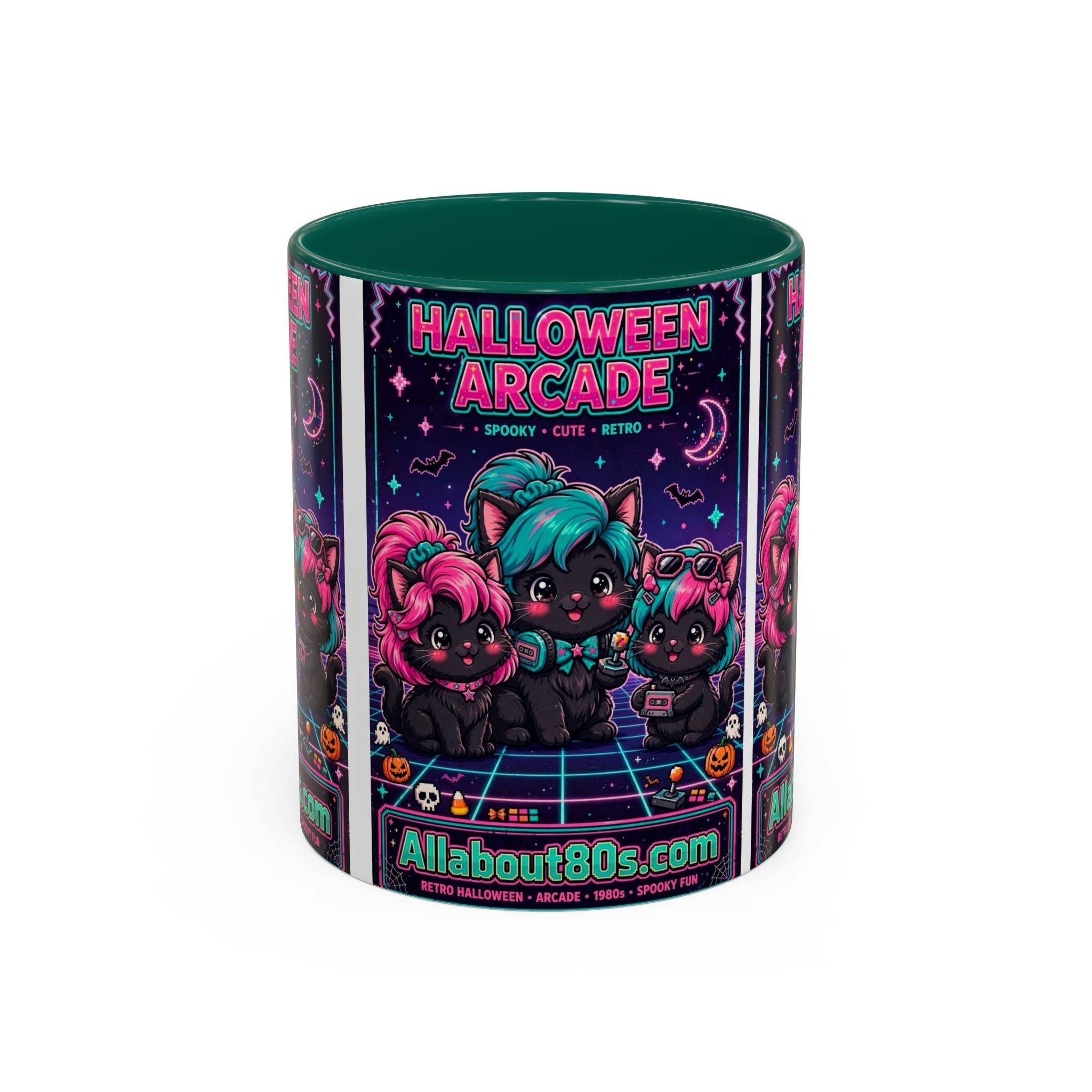 Halloween Arcade Mug — Cute Retro 80s Cat Gamers (11oz/15oz)