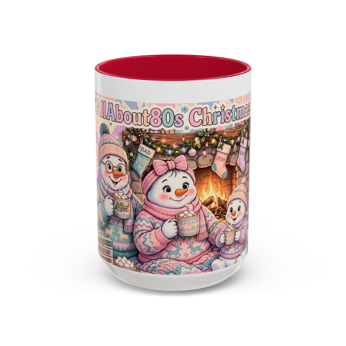 Cute Snowman Christmas Mug — 'All About 80s Christmas' Colorful Holiday Coffee Cup (11oz/15oz)