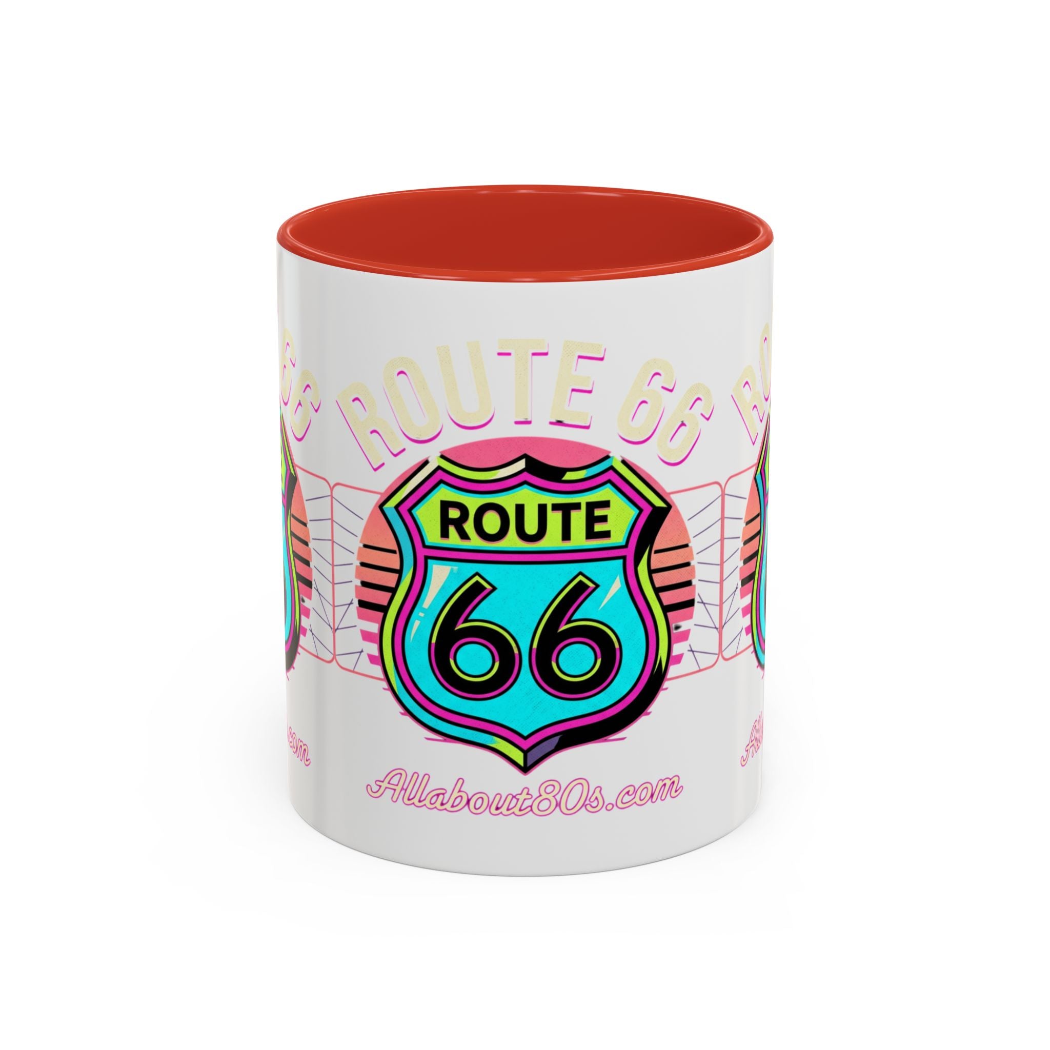 Route 66 Neon Shield Accent Coffee Mug — Retro Road Trip Travel Gift (11/15 oz)